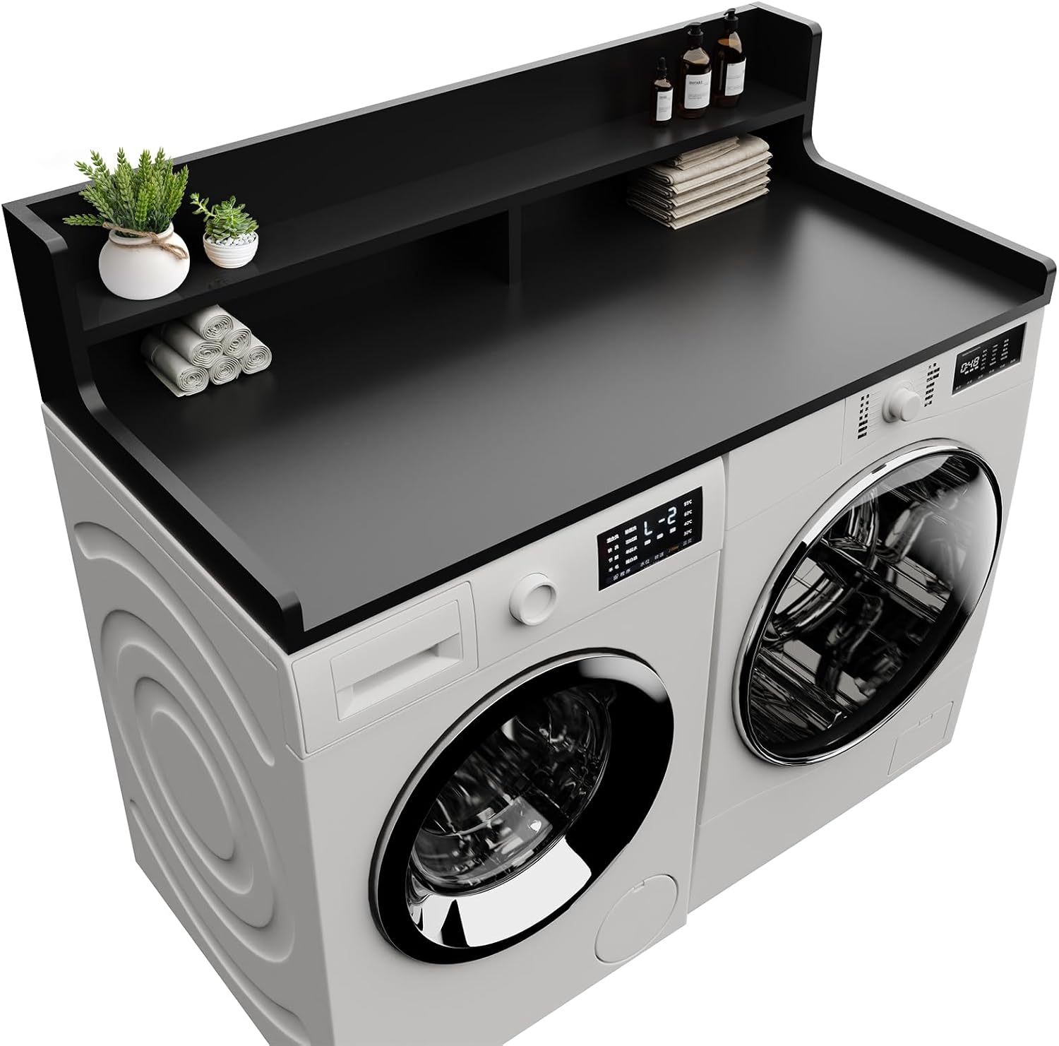 2-Tier Washer Dryer Countertop 54' x 27.55' Washer Dryer Topper for Laundry Room Organization, Large Countertop Cover with Non-Slip Pad Black