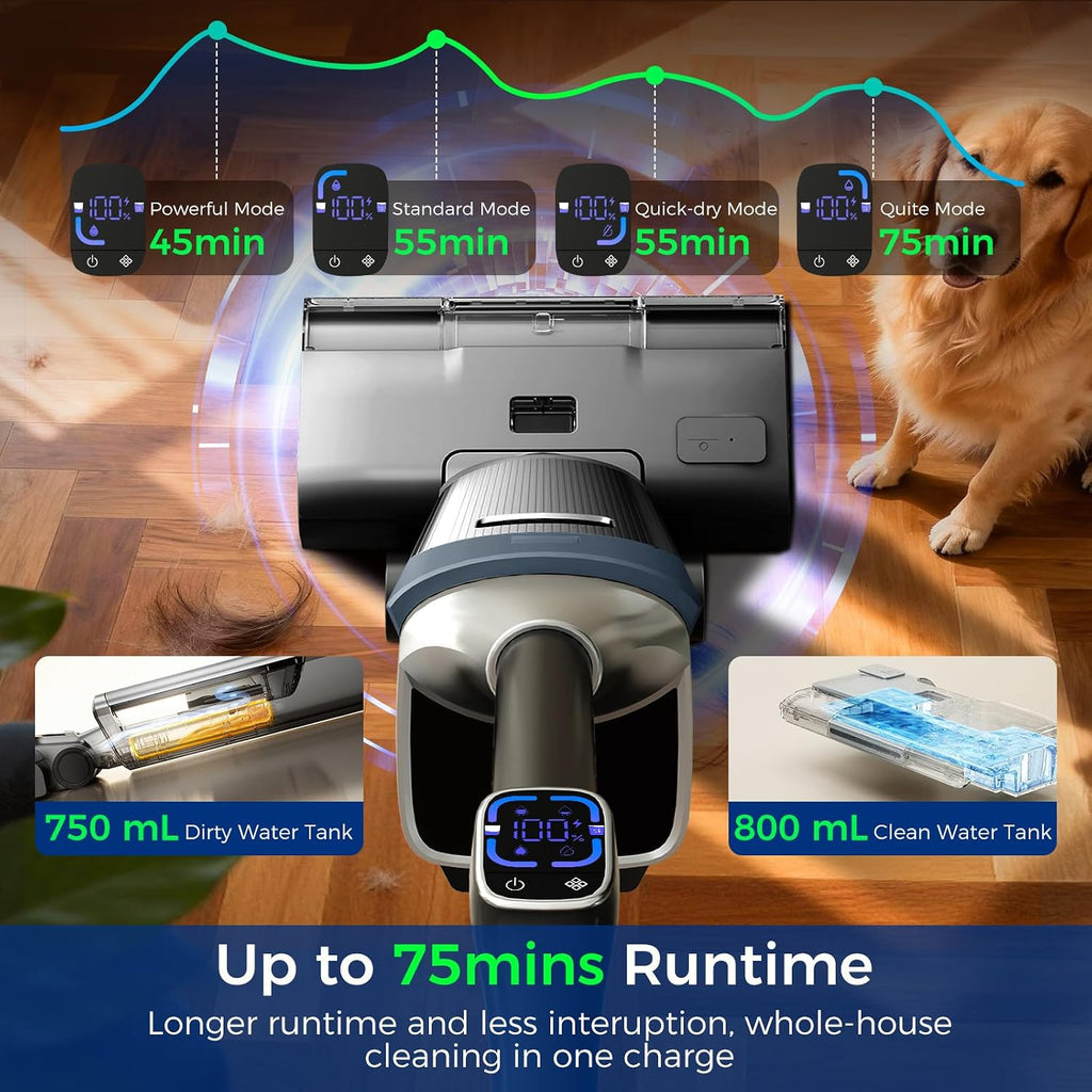 Wet Dry Vacuum Cleaner,Cordless Vacuum Mop Combo with Self-Cleaning,All in one Floor Cleaner Machine for Hard Floor,45kPa Suction 75 Mins Runtime Anti-Tangle,LED Light,180° Lay-Flat,Self Propelled