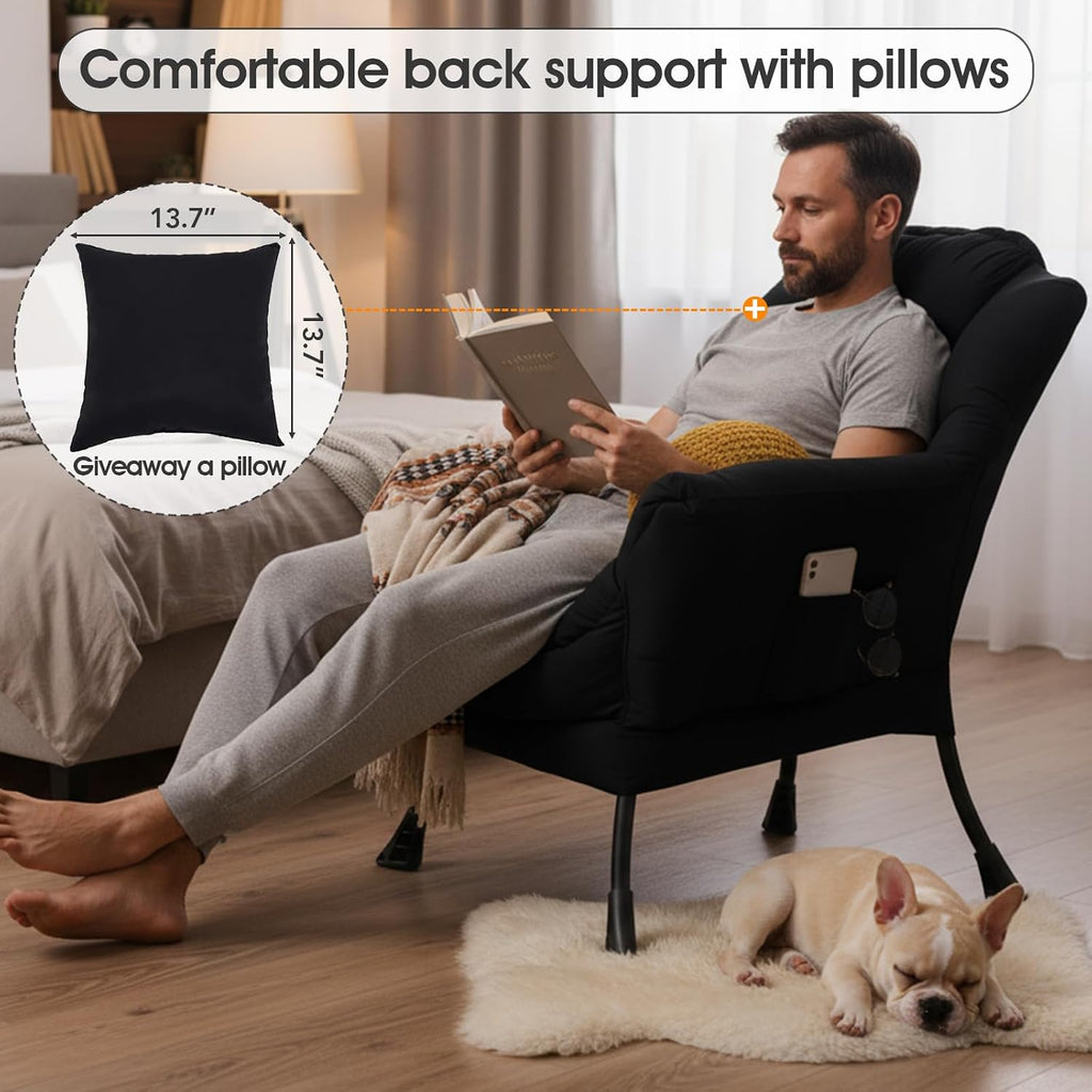 Lazy Chair for Living Room, Large Black Accent Chair with a Throw Pillow, Leisure Sofa Chair Set, Comfy Reading Chair for Bedroom, Dorm Room, Office