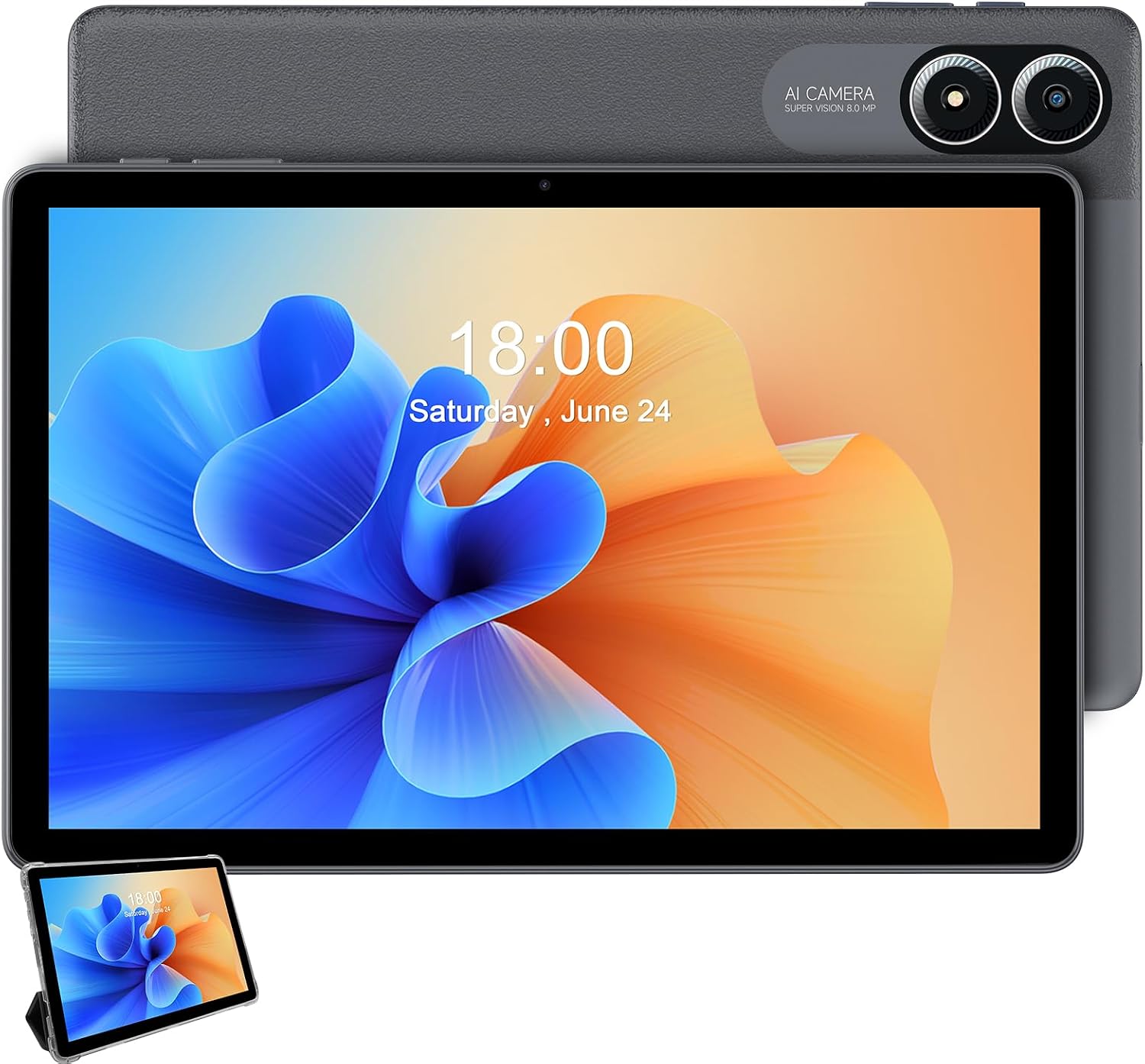 PRITOM 11'' Tablet, TAB15 Tablet Android 14, Octa-Core, 128 GB, FHD IPS Display, 5GHz WiFi6, 8000mAh Long Battery Life, Bluetooth, Double Box Speakers, Solid Gray, with Leather Case