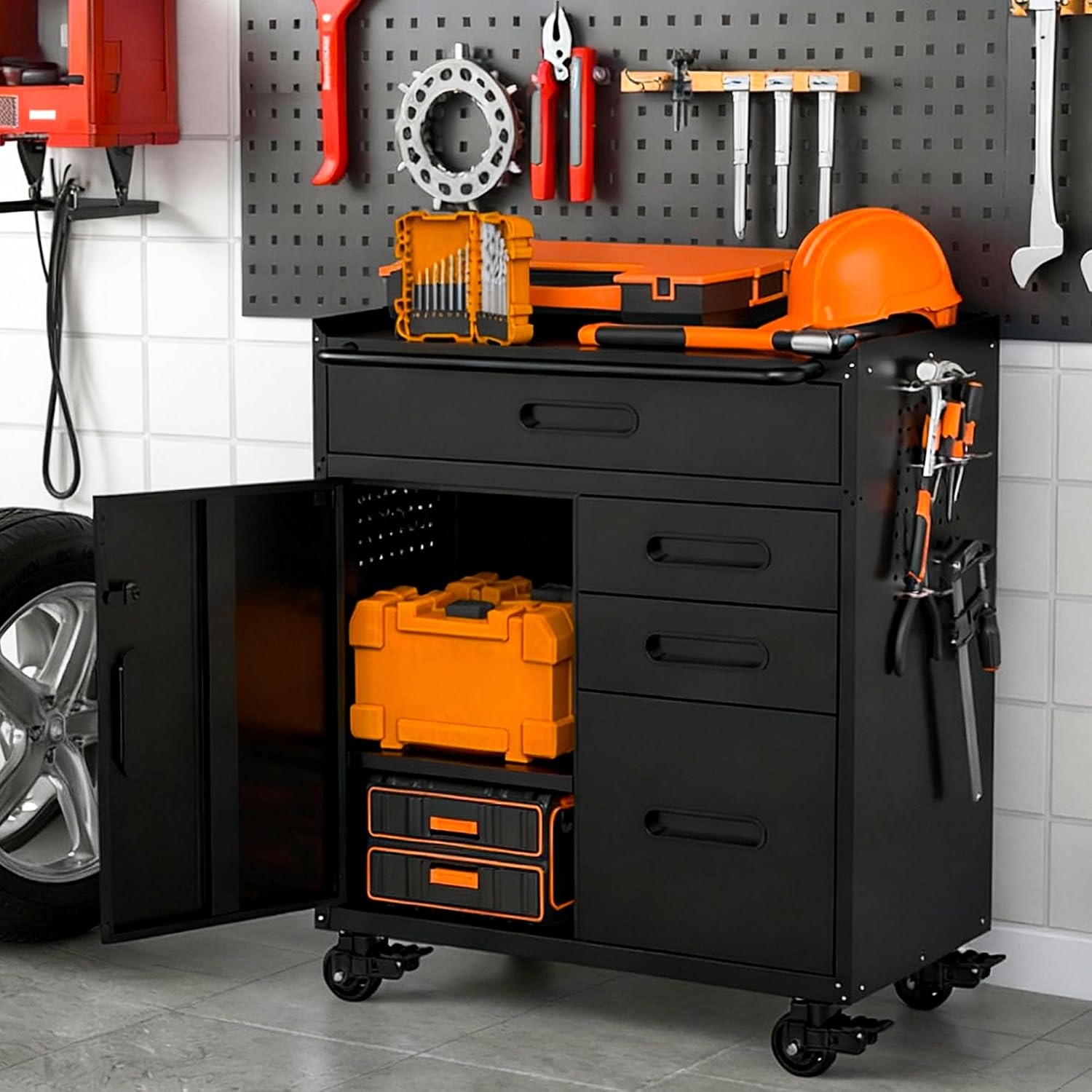 Garage Storage Cabinet,Metal Rolling Tool Cabinet with 2 Pegboard and 10 Hook,Heavy Duty Mechanics Tool Chest Storage for Workshop, Basement,Warehouse,Include Workbench Liner,Black
