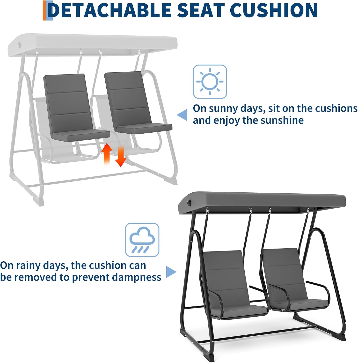 GarveeLife 2 Person Porch Swing Chair, Heavy Duty Outdoor Patio Swing Glider with Adjustable Canopy & Removable Cushions, Independent Swing Chairs for Garden, Balcony, Poolside, Backyard, Dark Grey
