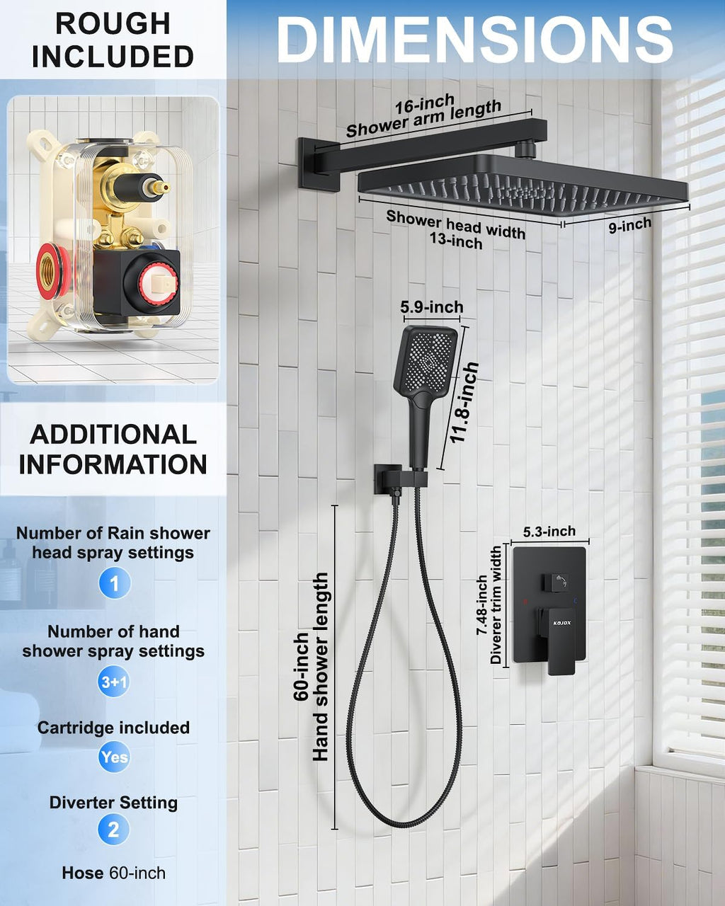Matte Black 13-Inch Rainfall Shower System - Premium Shower Head & Handheld Sprayer, Complete Bathroom Set with Faucet Mixer Trim Kit & Valve