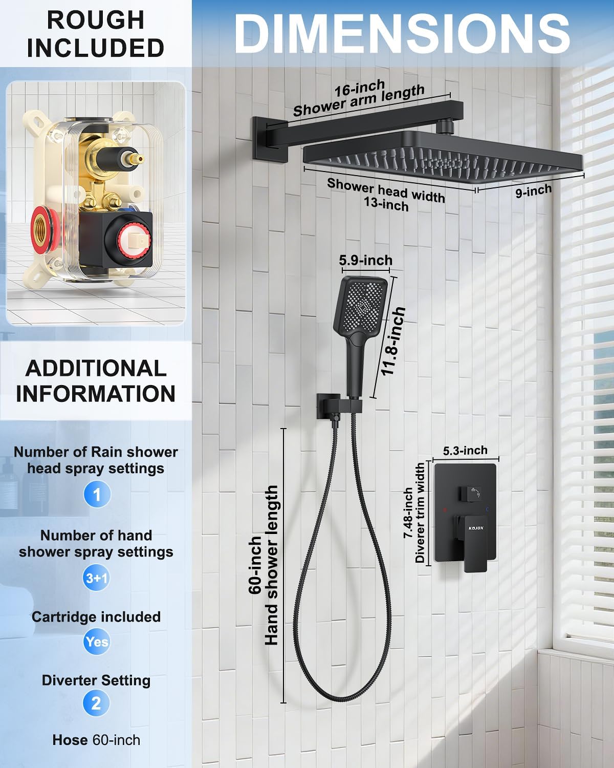 Matte Black 13-Inch Rainfall Shower System - Premium Shower Head & Handheld Sprayer, Complete Bathroom Set with Faucet Mixer Trim Kit & Valve