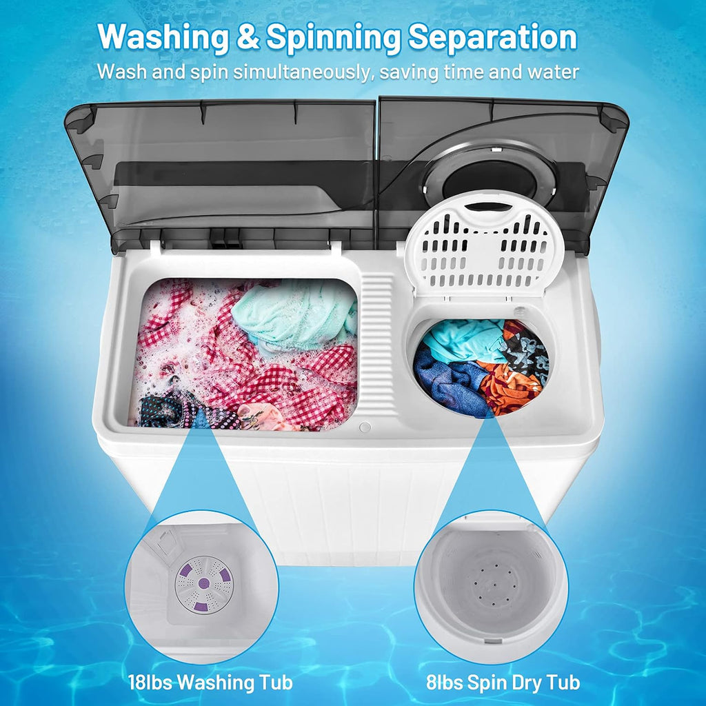 Giantex Washing Machine Semi-automatic, Twin Tub Washer with Spin Dryer, 26lbs Capacity, Built-in Drain Pump, Portable Laundry Washer, Compact Washing Machine for Apartment, Dorm and RV (White+Gray)