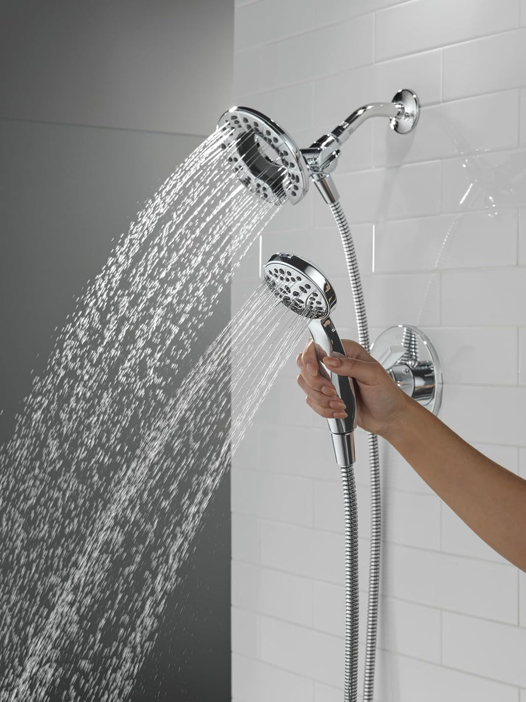 Delta Albion 14 Series Chrome Shower Faucet Set with In2ition 2-in-1 Dual Shower Head with HandHeld Spray Combo, Valve Trim Kit, Chrome T142855-I (Valve Not Included)