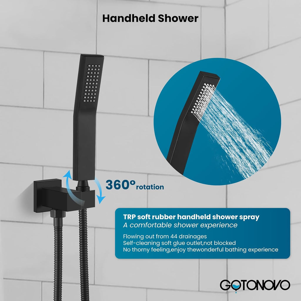 gotonovo Rainfall Bathroom Shower System Rain Shower Head and Handle Set Wall Mounted Shower Complete Combo Solid Brass Pressure Balancing Shower Mixer Valve 10 Inch Matte Black