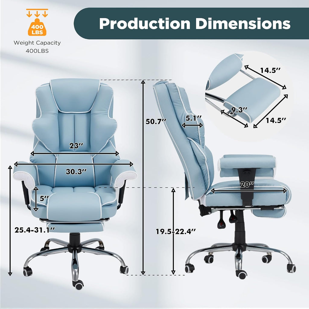 HOMREST Ergonomic Executive Office Chair with 6-Point Vibration & Heat - Reclining Managerial Chair with Adjustable Footrest and Armrests,Big and Tall Leather Home Office Desk Chairs(Airy Blue)