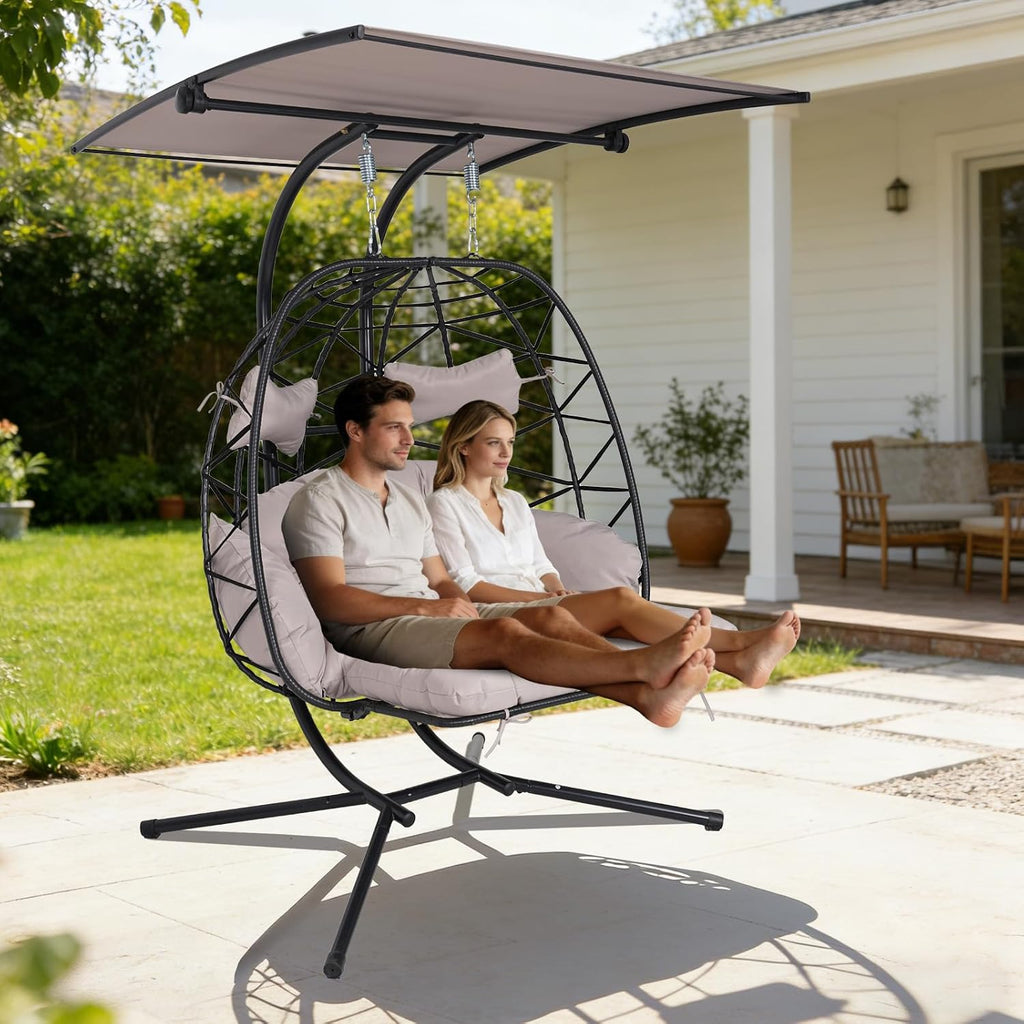Double Egg Chair Outdoor with Stand & Canopy, 2 Person Hanging Egg Chair with Footrest, Oversized Rattan Wicker Egg Swing Chair with Lights for Bedroom Garden, 660Lbs, Black-Light Gray