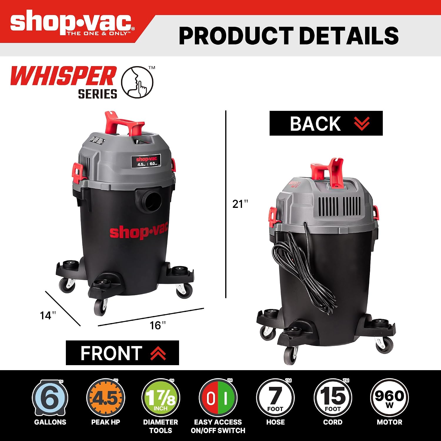 Shop-Vac 6 Gallon Ultra Quiet Shop Vacuum Wet and Dry, 4.5HP Powerful Suction Wet/Dry Vacuum with Attachments, 1-7/8 in. x 7 Ft Hose, 15 Ft Cord, Ideal for Jobsite, Garage, Workshop & Home, 5430541