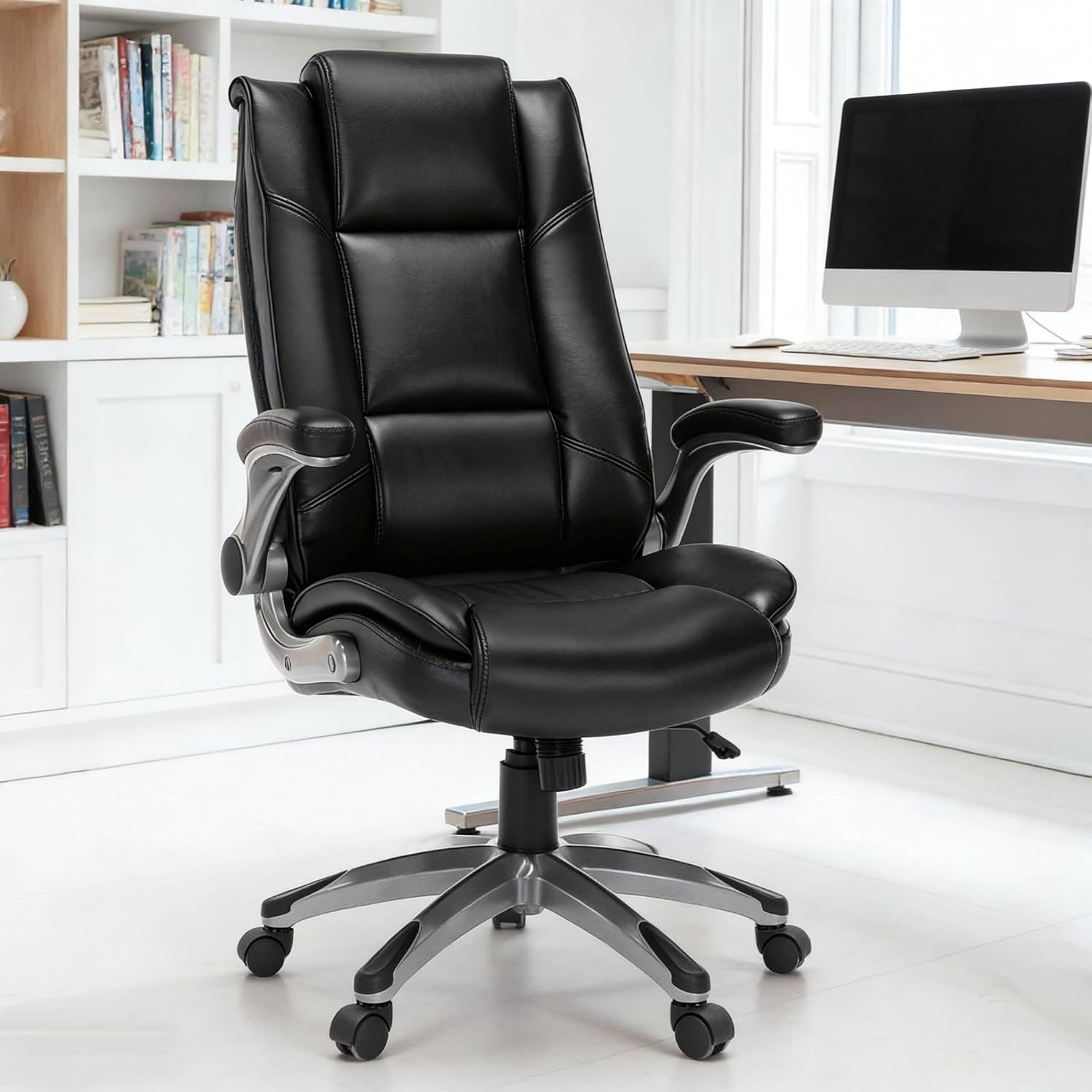 COLAMY Leather Executive Office Chair Set of 2 - High Back Ergonomic Home Computer Desk Chair with Padded Flip-up Arms, Adjustable Tilt Lock, Swivel Rolling Chair for Adult Working Study, Black