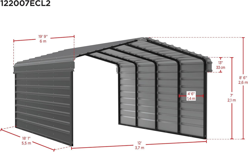 Arrow Carports Galvanized Steel Carport, with 2-Sided Enclosure, Compact Car Metal Carport Kit, 12' x 20' x 7', Charcoal