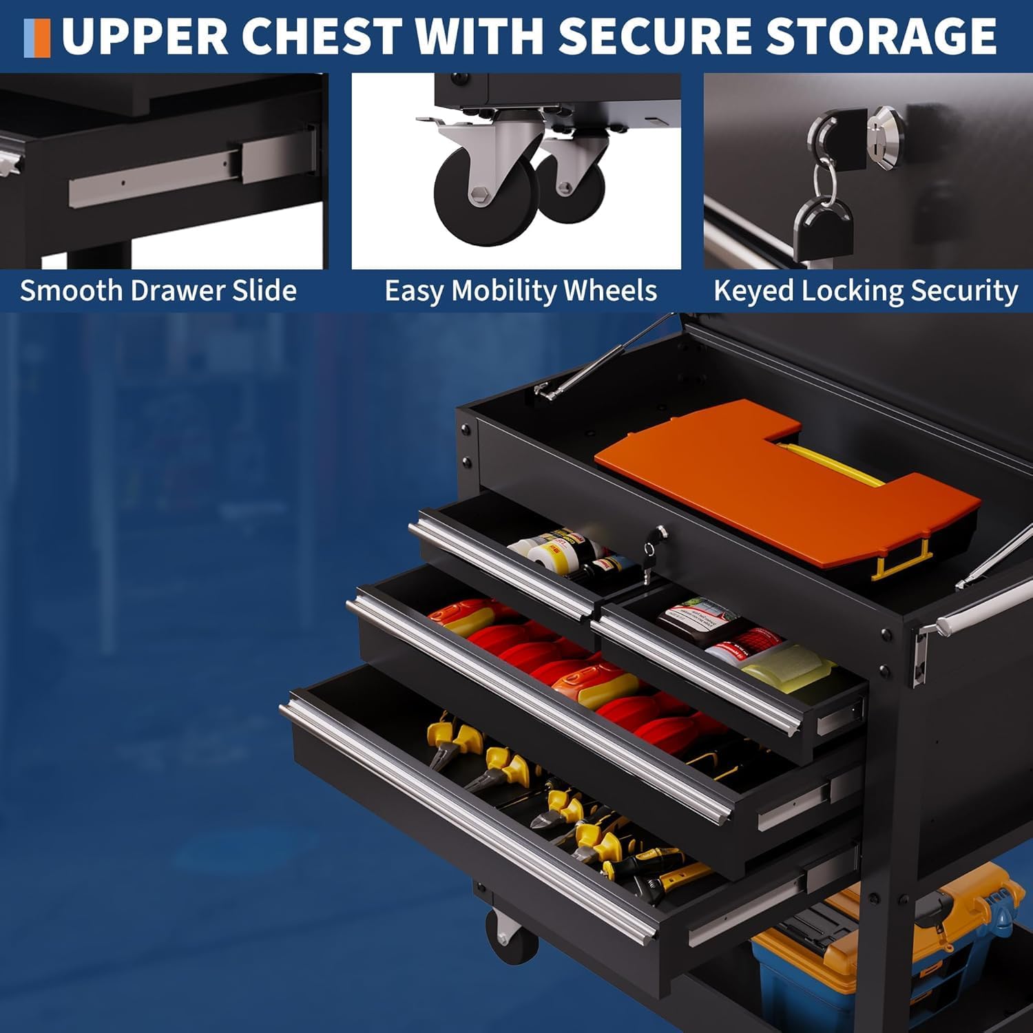 4-Drawer Rolling Tool Chest with Lock – Heavy-Duty Powder-Coated Steel Tool Box Cart on Wheels, Durable Organizer for Garage, Warehouse, Workshop, and Repair Shop