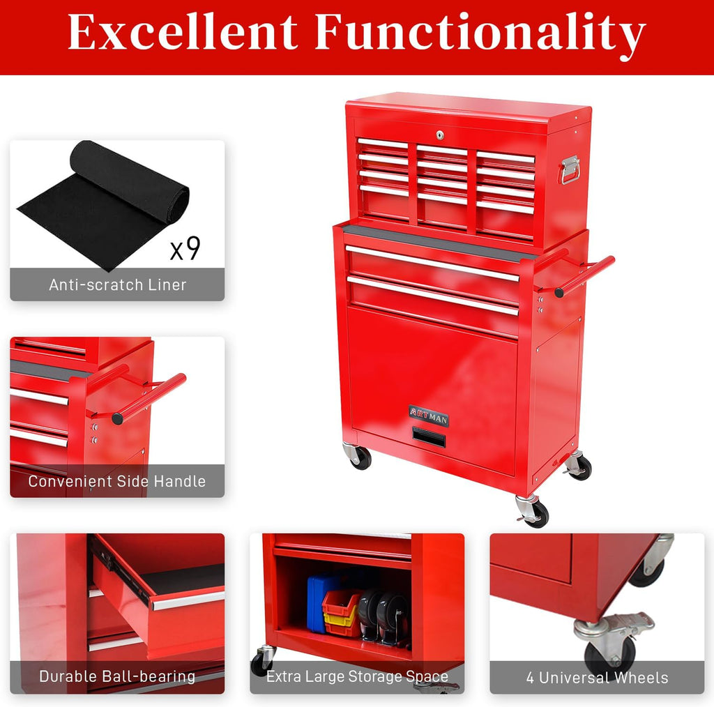 High Capacity Rolling Tool Chest with 8-Drawer Tool Box on Wheels Multifunctional Tool Cart Mechanic Tool Storage Cabinet for Garage, Warehouse, Workshop, Repair Shop (Red)