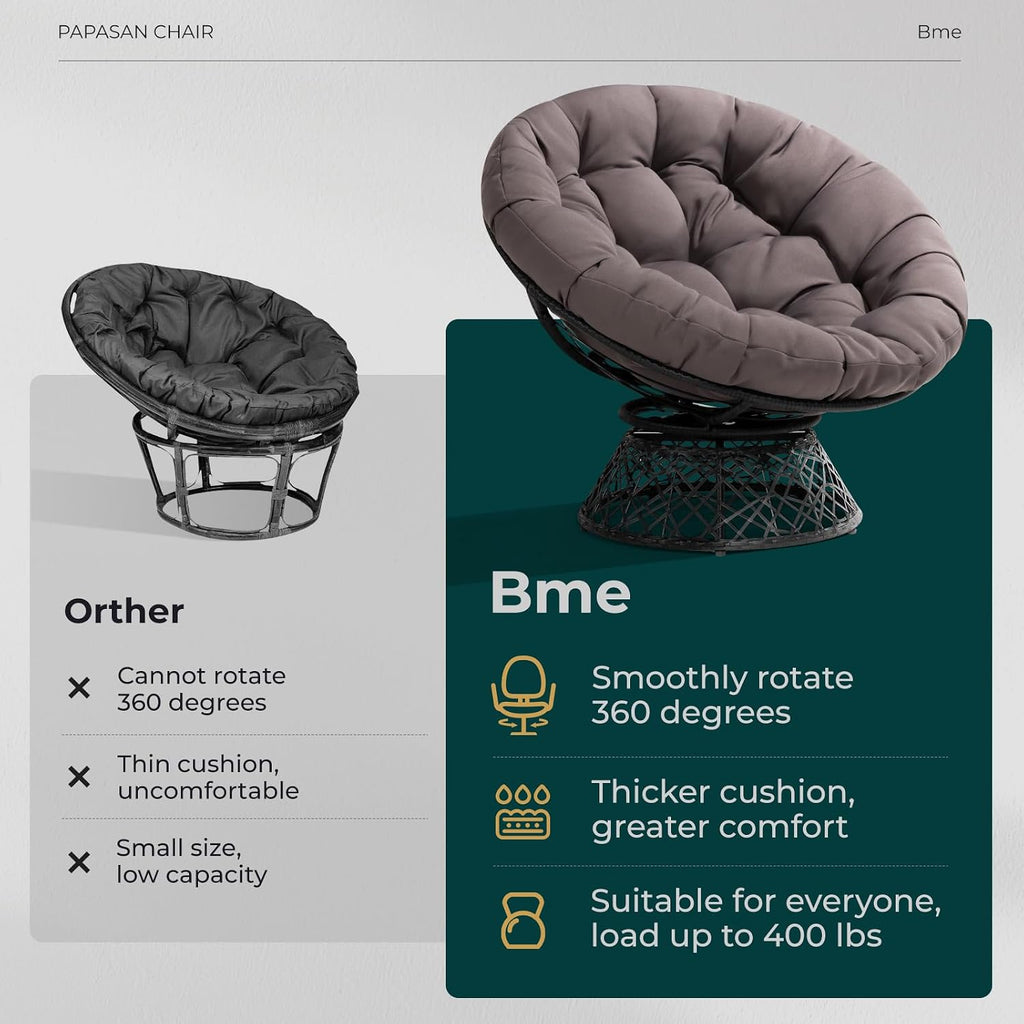 Bme 40' Ergonomic Wicker Papasan Chair with Soft Thick Density Fabric Cushion, High Capacity Steel Frame, 360 Degree Swivel for Living, Bedroom, Reading Room, Lounge, Smoky Quartz - Black Base