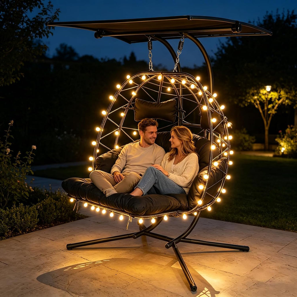 Double Egg Chair Outdoor with Stand & Canopy, 2 Person Hanging Egg Chair with Footrest, Oversized Rattan Wicker Egg Swing Chair with Lights for Bedroom Garden, 660Lbs (Black with Light)