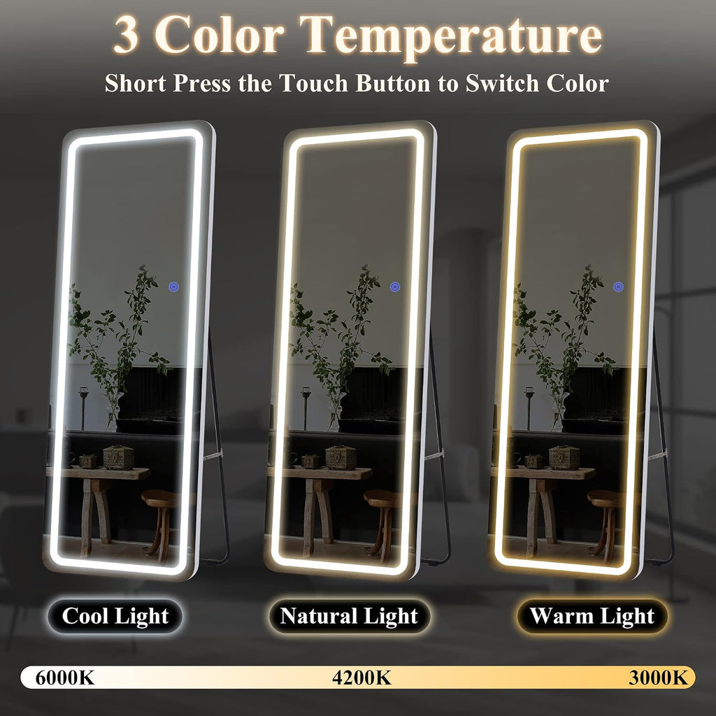NeuType Full Length Mirror with Lights, 63'x16' Lighted Floor Mirror with Stand Full Body Mirror with Touch Button and Plug, Dimmable 3 Lighting for Bedroom Living Room, Round Corner, White