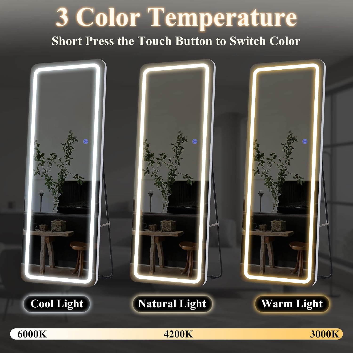 NeuType Full Length Mirror with Lights, 63'x16' Lighted Floor Mirror with Stand Full Body Mirror with Touch Button and Plug, Dimmable 3 Lighting for Bedroom Living Room, Round Corner, White
