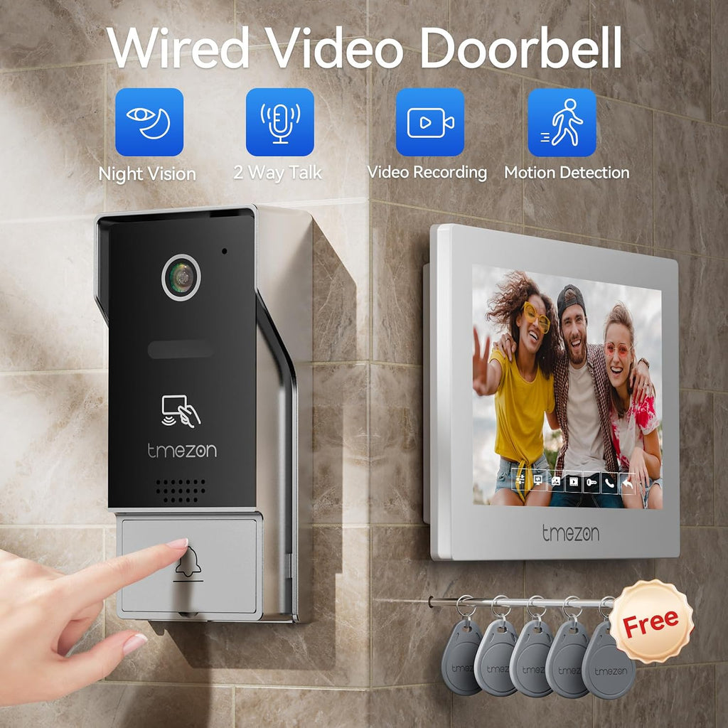 TMEZON 4-Wire 7 Inch Tuya 1080P WiFi Smart Video DoorPhone Intercom System with Wired Doorbell Password/Card Swipe Touchscreen