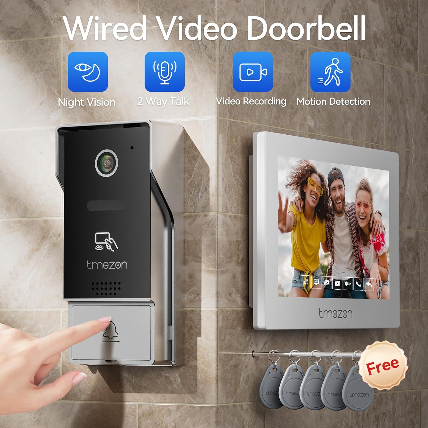 TMEZON 4-Wire 7 Inch Tuya 1080P WiFi Smart Video DoorPhone Intercom System with Wired Doorbell Password/Card Swipe Touchscreen