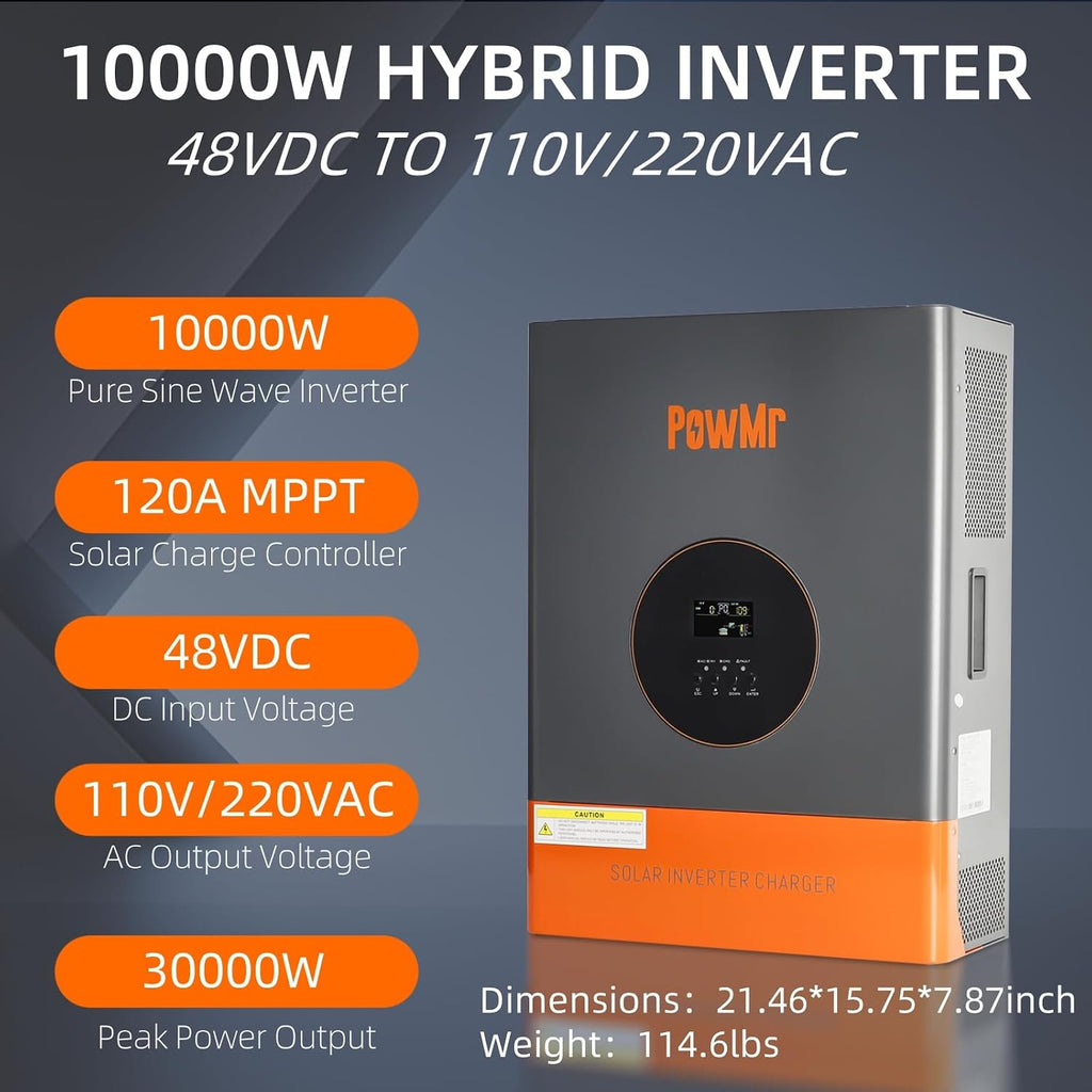 PowMr 10000W Hybrid Solar Inverter 48VDC to 110V/220VAC, 10kW Hybrid Inverter w/Built-in 120A MPPT Charge Controller, Pure Sine Wave for 48V Lead-Acid and Lithium Battery, Peak Power:30000W