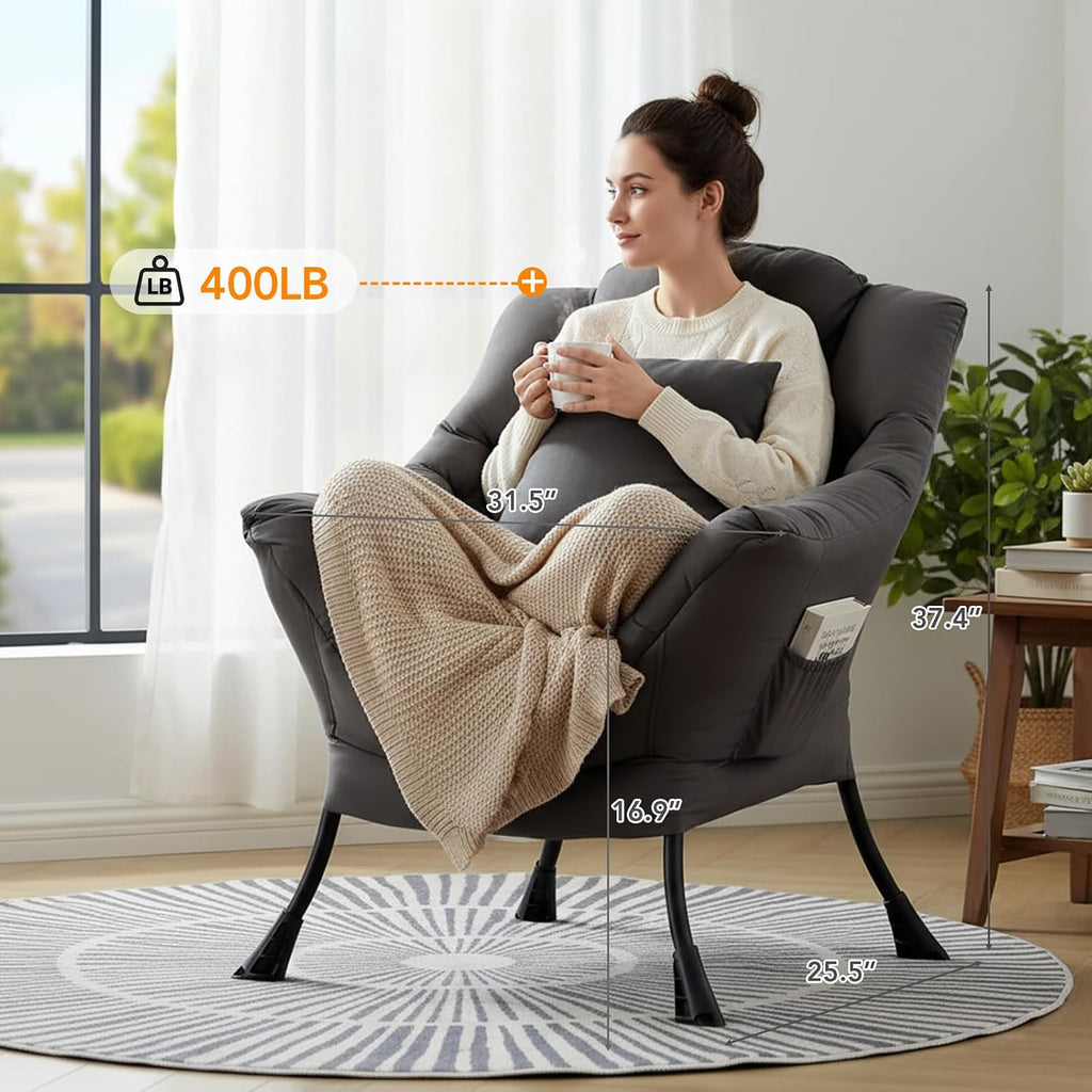 Lazy Chair for Living Room, Large Dark Grey Accent Chair with a Throw Pillow, Leisure Sofa Chair Set, Comfy Reading Chair for Bedroom, Dorm Room, Office