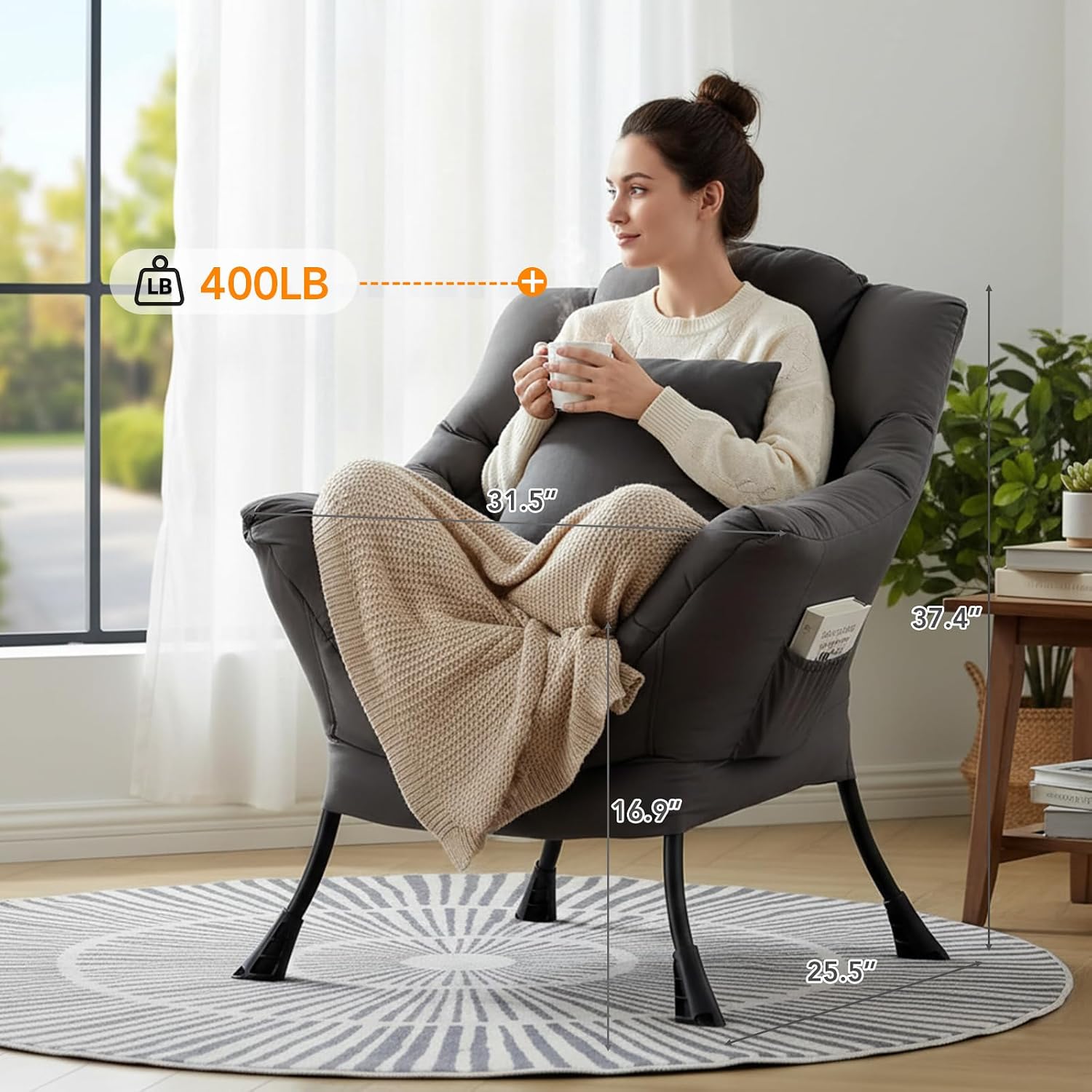 Lazy Chair for Living Room, Large Dark Grey Accent Chair with a Throw Pillow, Leisure Sofa Chair Set, Comfy Reading Chair for Bedroom, Dorm Room, Office