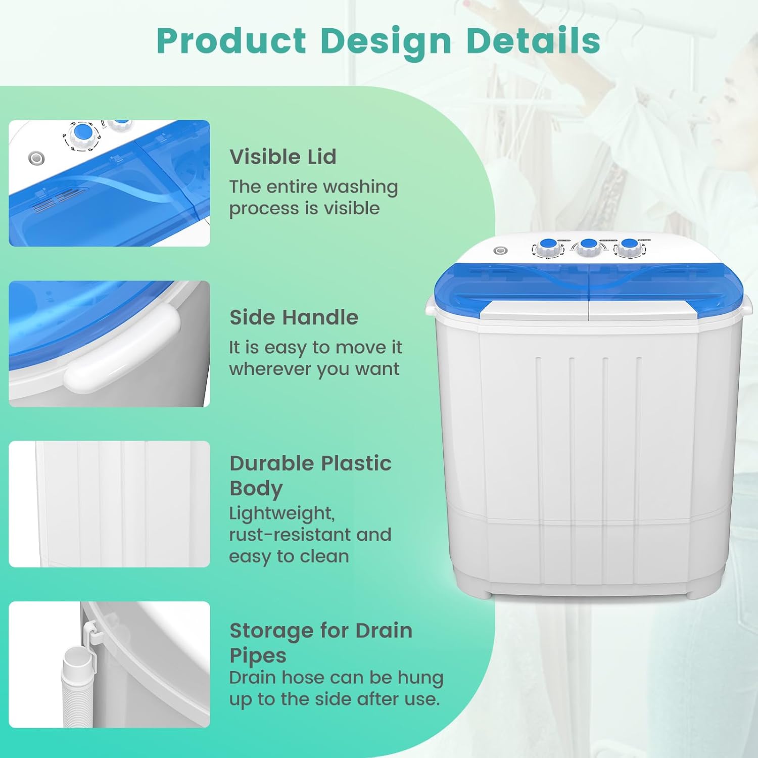 Auertech 14 Lbs Portable Washing Machine, Portable Washer for Apartment with 9 Lbs Washer, 5 Lbs Spinner, Mini Compact Top Load Washing Machine for RV Dorm Small Space