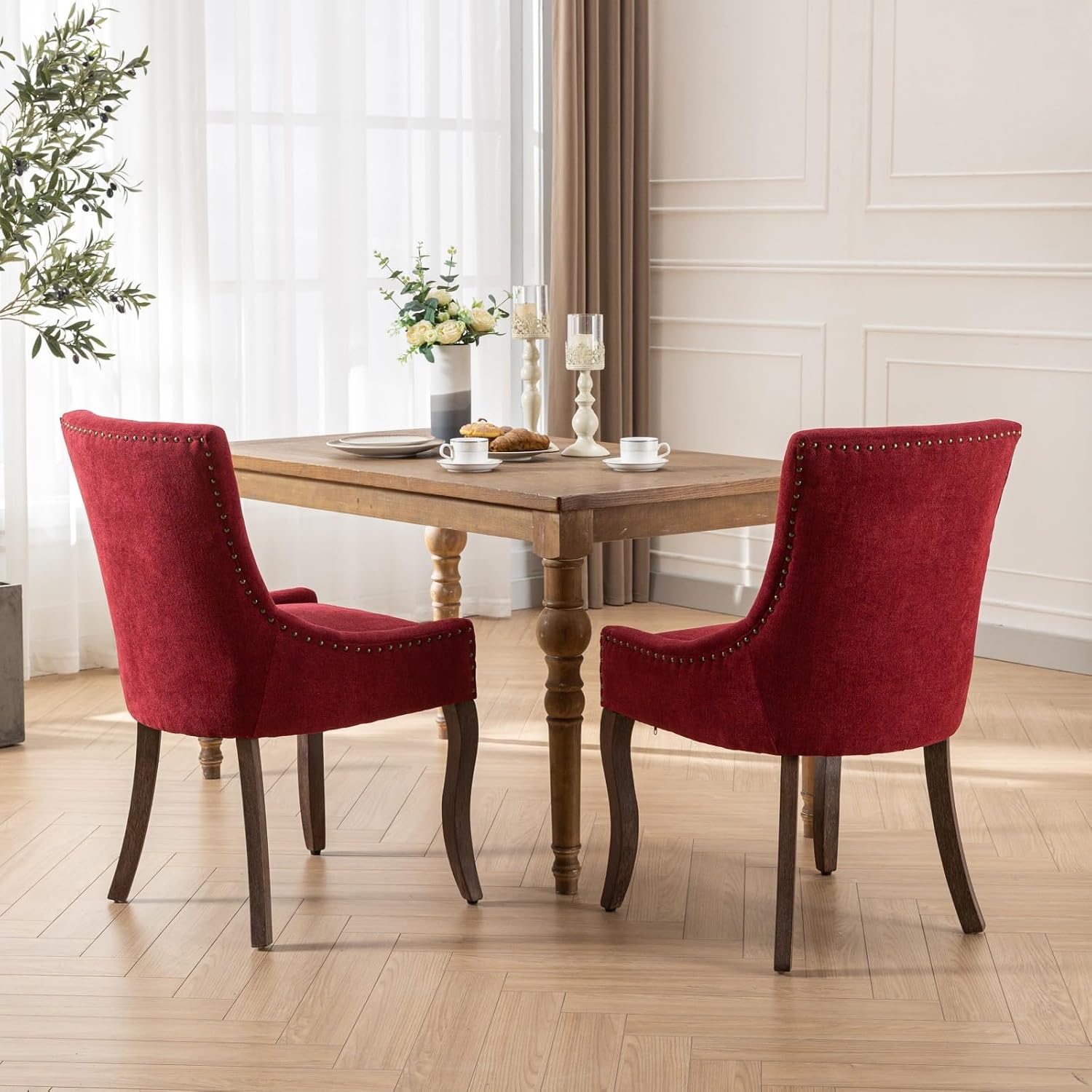 Ball & Cast Mid-Century Upholstered Dining Chairs Set of 2, Thickened Fabric Wing Back Kitchen Side-Chairs with Bronze Nail Head & Toned Solid Wood Legs, 2-Piece Traditional Chair, Wine Red