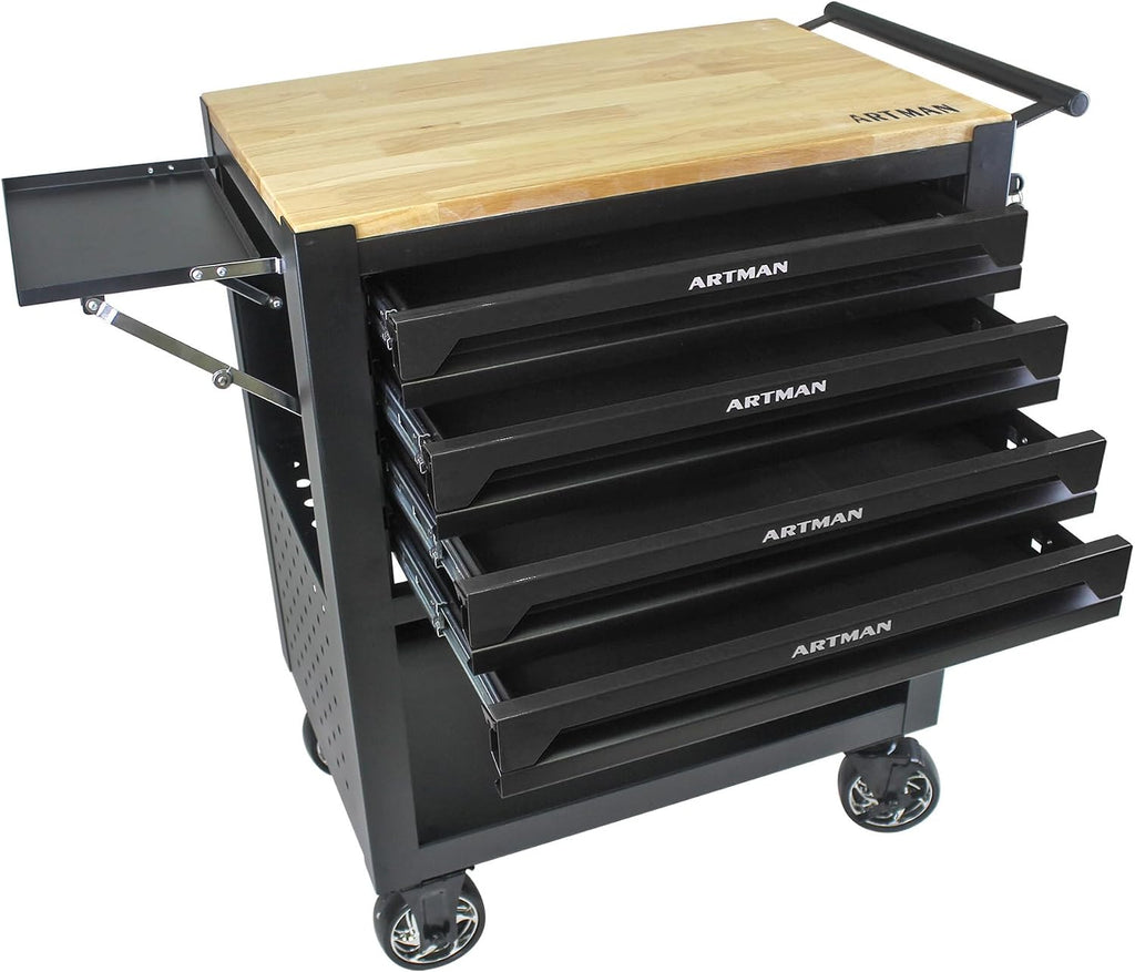 Rolling Tool Cart with 4-Drawer Wood Top Utility Tool Chest on Wheels Mechanic Tool Storage Organizer Cabinet for Garage, Warehouse, Workshop, Repair Shop (Black)