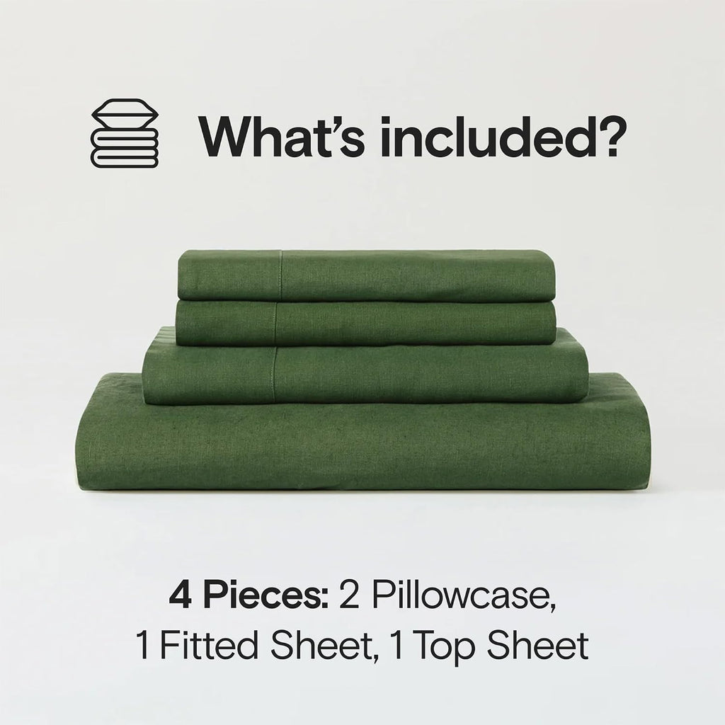 Sijo Stone Washed Organic French Linen Bed Sheet Set, GOTS Certified Organic, Best Cooling Linen Sheet Award by Sleep Foundation, 4 Piece - 2 Pillowcases, 1 Fitted and 1 Flat (Forest, Queen)