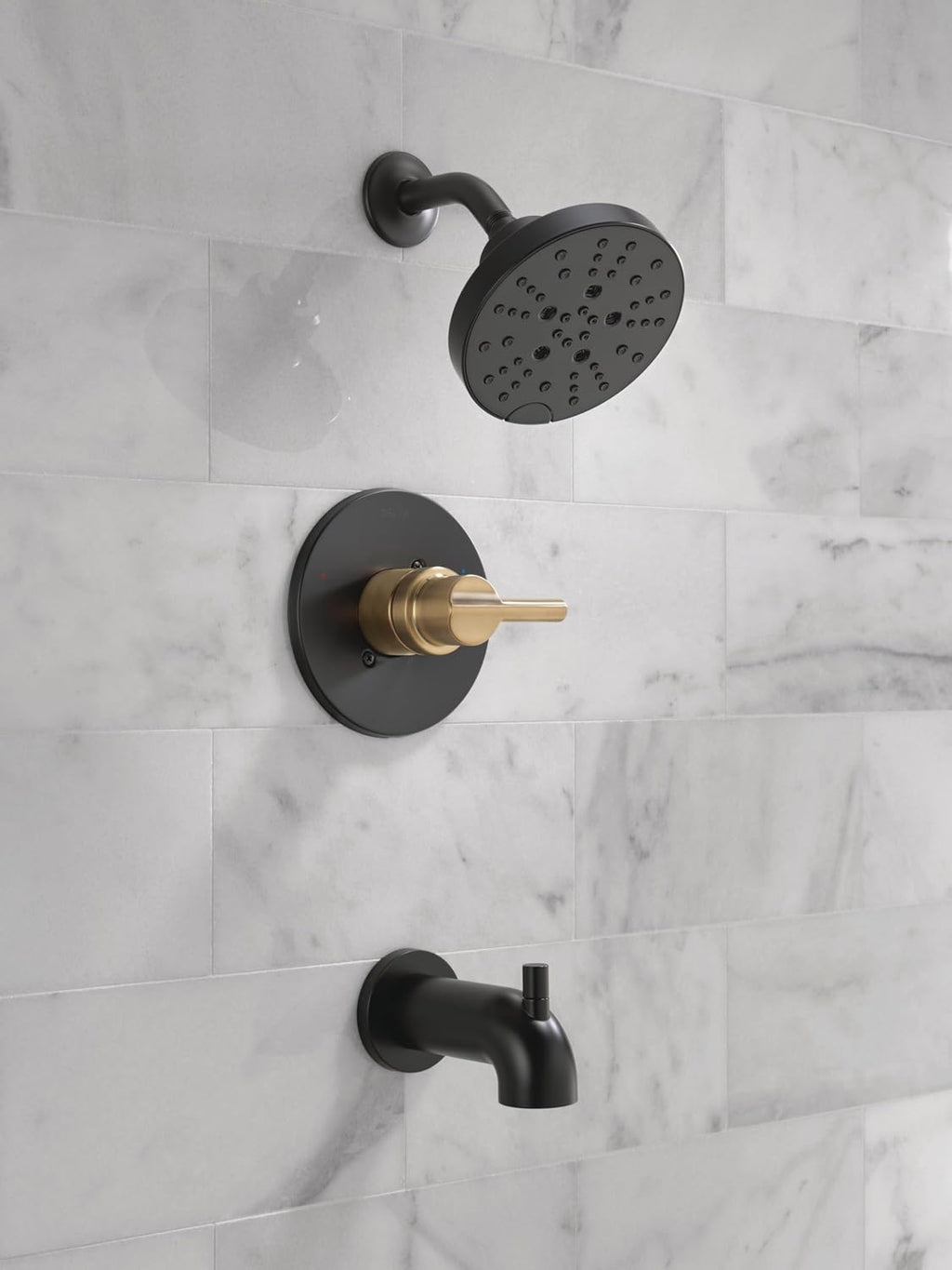 Delta Nicoli 14 Series H2Okinetic Bathtub and Shower Faucet Set, Matte Black/ Brushed Gold Shower Head and Handle Set, Valve Trim Kit, Matte Black/ Champagne Bronze 144749-GZ (Valve Included)