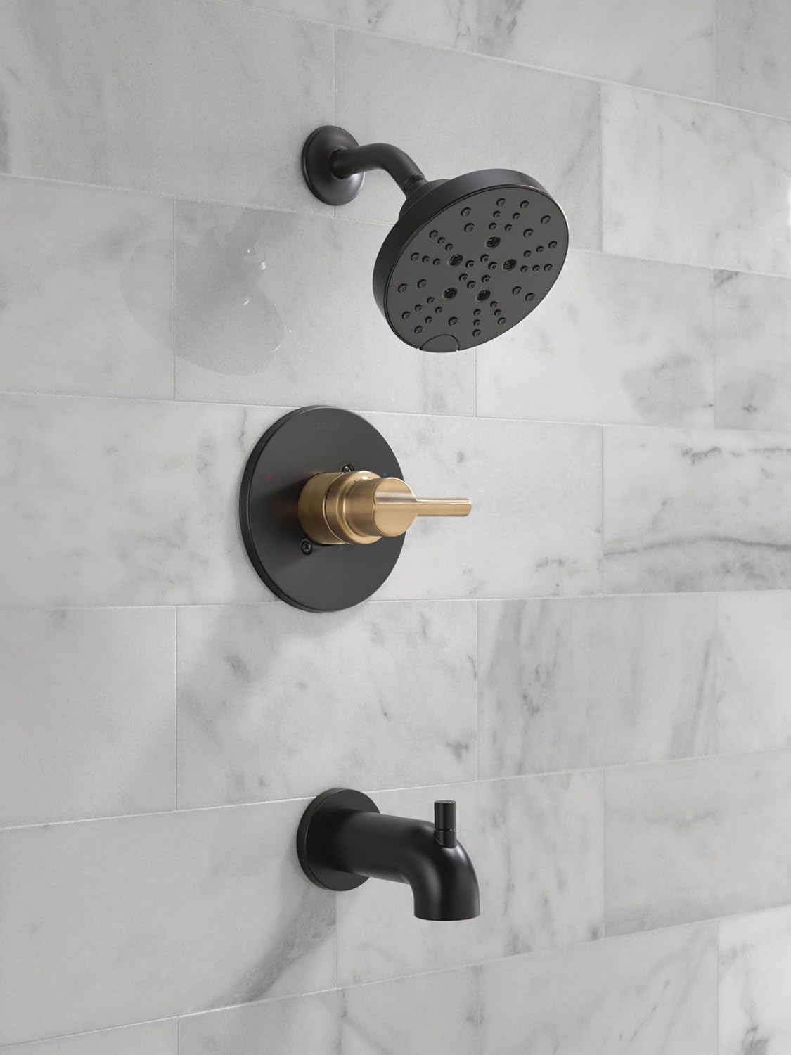 Delta Nicoli 14 Series H2Okinetic Bathtub and Shower Faucet Set, Matte Black/ Brushed Gold Shower Head and Handle Set, Valve Trim Kit, Matte Black/ Champagne Bronze 144749-GZ (Valve Included)