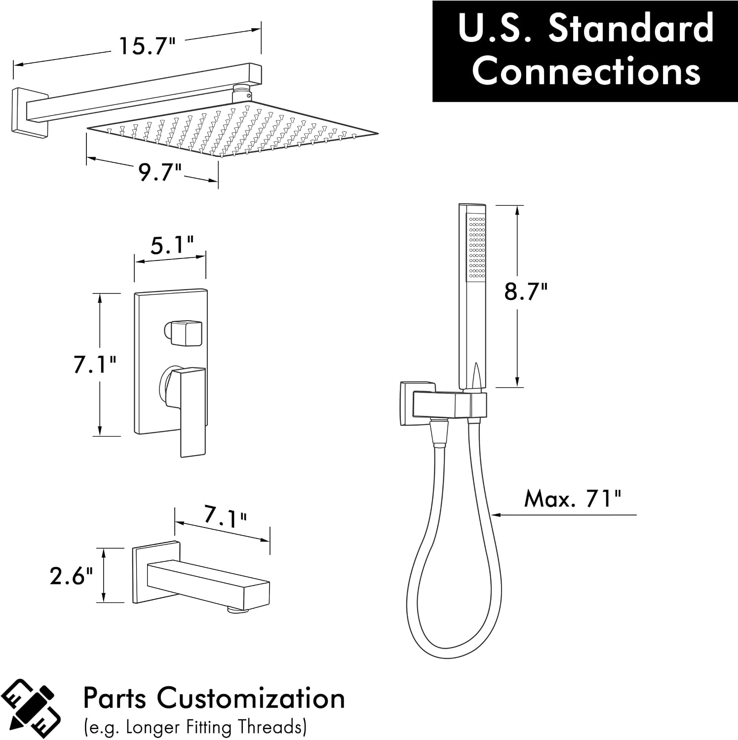 KES Shower System Pressure Balancing Shower Valve with Tub Faucet Spout Set Handheld and 10 Inch Rainfall Shower Head Combo All Metal Brushed Finish, XB6300-BN