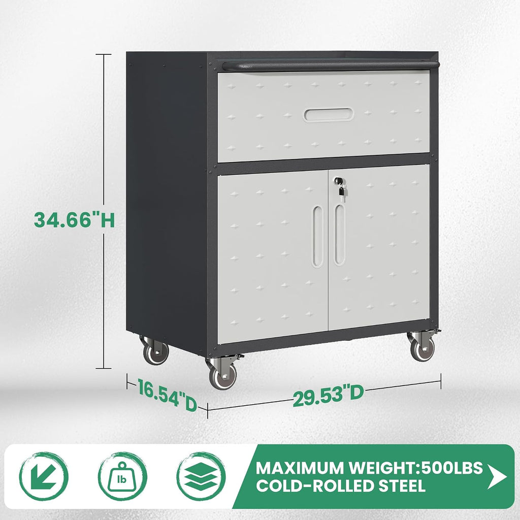 Garage Cabinets,Metal Garage Storage Cabinet with Wheels,Lockable Rolling Tool Cabinet with Drawer and Adjustable Shelves,Heavy Duty Tools Cabinet for Home Office Utility Room,Black/Grey
