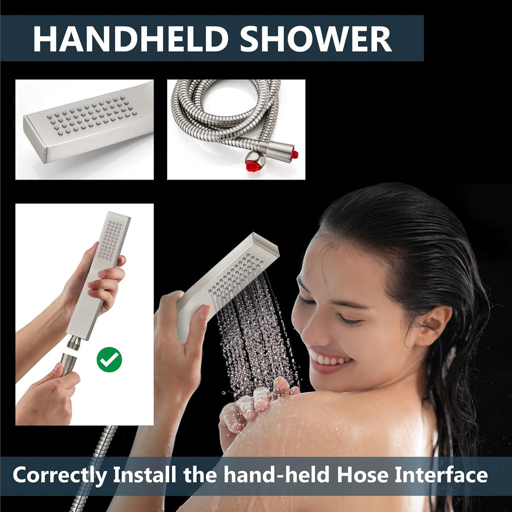 Aolemi Ceiling Mount Shower System Rain Shower Head with Handheld Spray High Pressure Shower Faucet Set Rough-in Valve Shower Trim Kit Included Bathroom Brushed Nickel 8 Inch Ceiling Shower Head