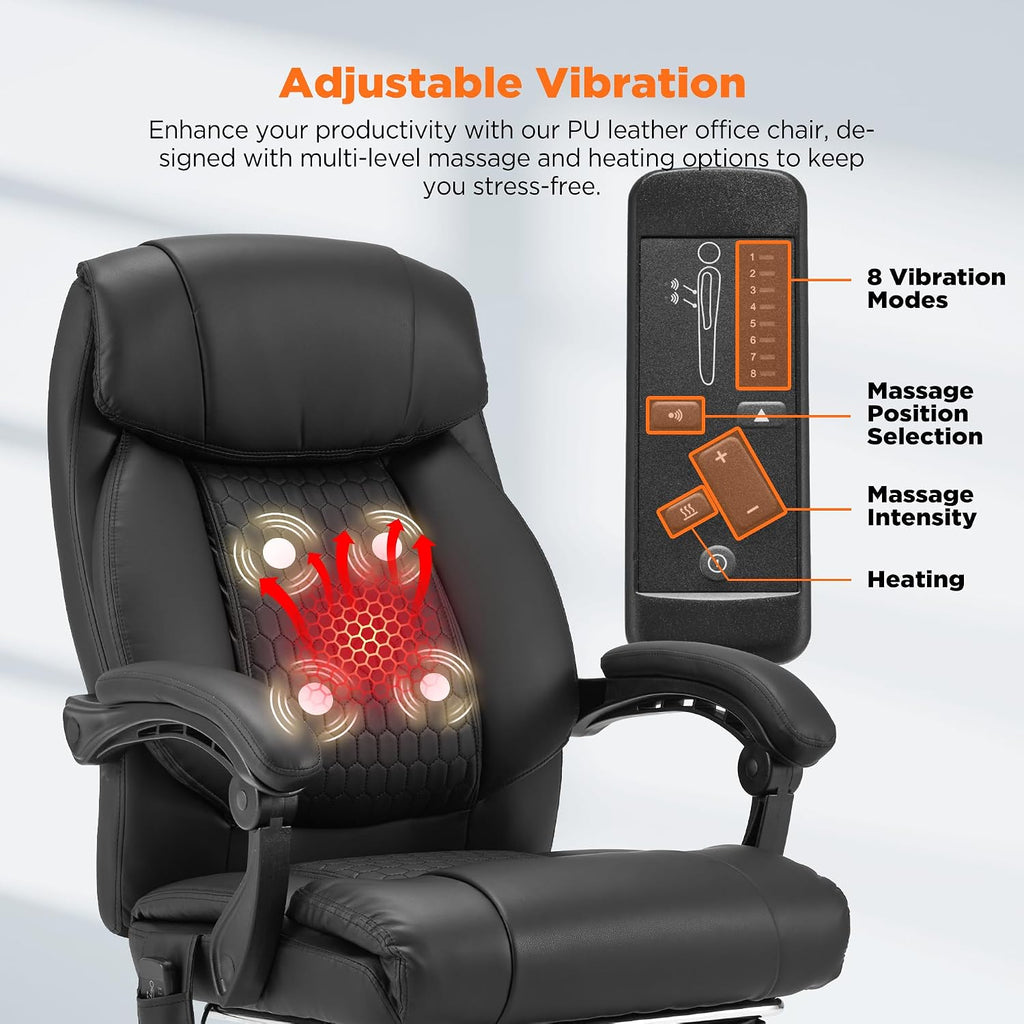 HOMREST 4-Point Massage Office Chair with Heating and Footrest, Reclining Executive Leather Desk Chair, Ergonomic Heated Managerial Chair for Home Office, Black