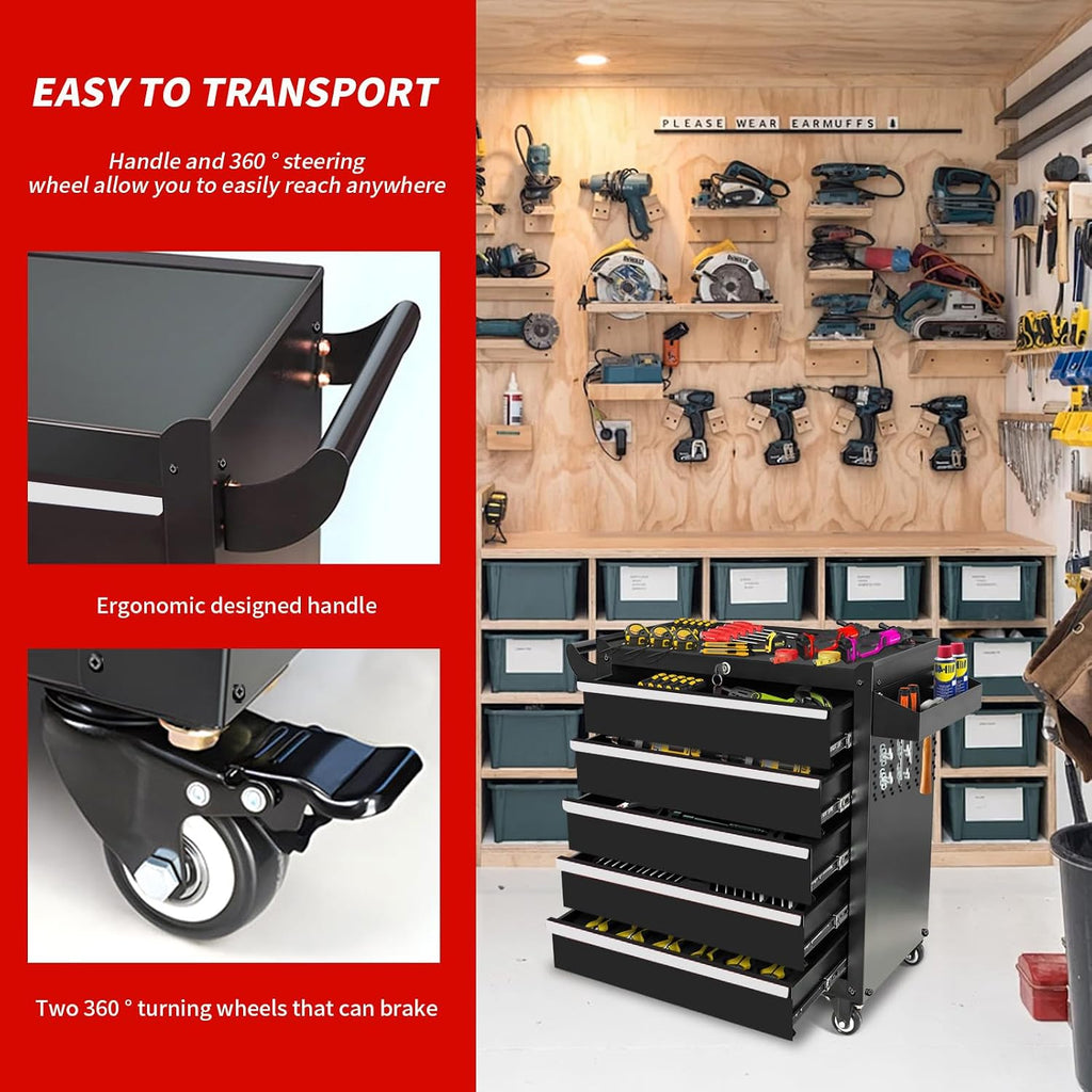 Rolling Tool Chest with Wheels, 5 Drawers Tool Storage Cabinet, Portable Metal Tool Box Organizer with Lock, Tool Cart on Wheels Toolbox Workbench for Garage, Workshop, Warehouse(Required Assembly)