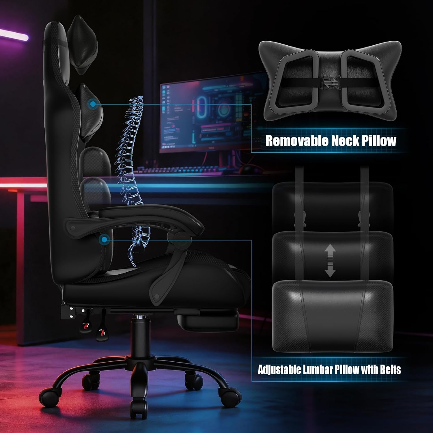Czlolo Gaming Chair, 2026 Upgraded RGB LED Lights Computer Chair with Footrest, Lumbar Support Massager Gamer Chair, High Back, 90-135° Reclining, Linkage Armrests, Black