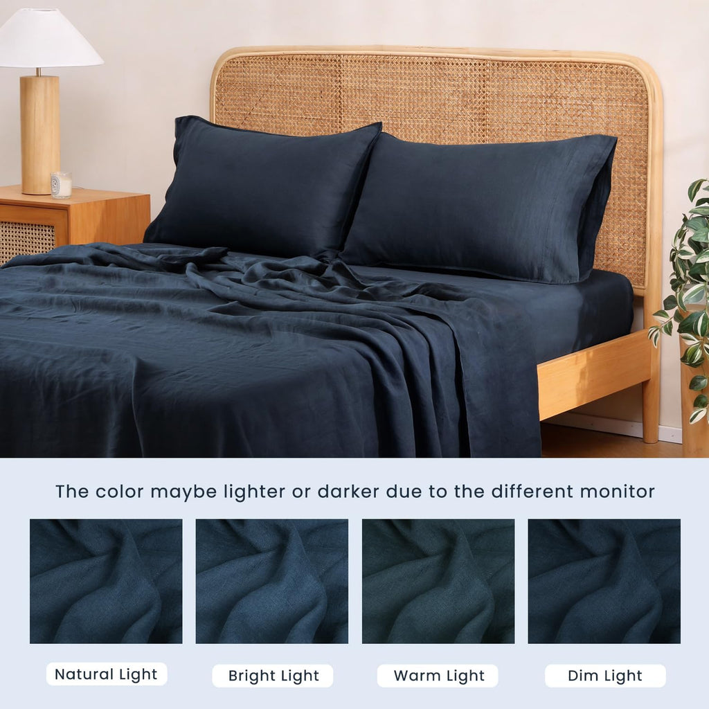 S VICTORY SYMBOL 100% Organic Linen Sheets Set,French Natural Bedding,Ultra Soft Luxurious Stone Washed Flax 4 Pieces Sheets Set(Navy,King)