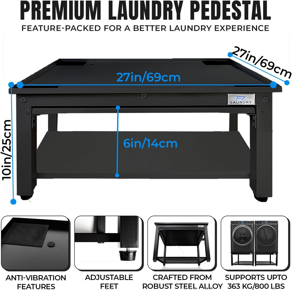 Washer and Dryer Pedestal with Pullout-Shelf - 27' W, 10' H, Black Steel Universal Fit with Major Brands | Laundry Pedestal with Drain Pan & Hose | Washer Stand for Back Pain Relief, 800 lbs Capacity
