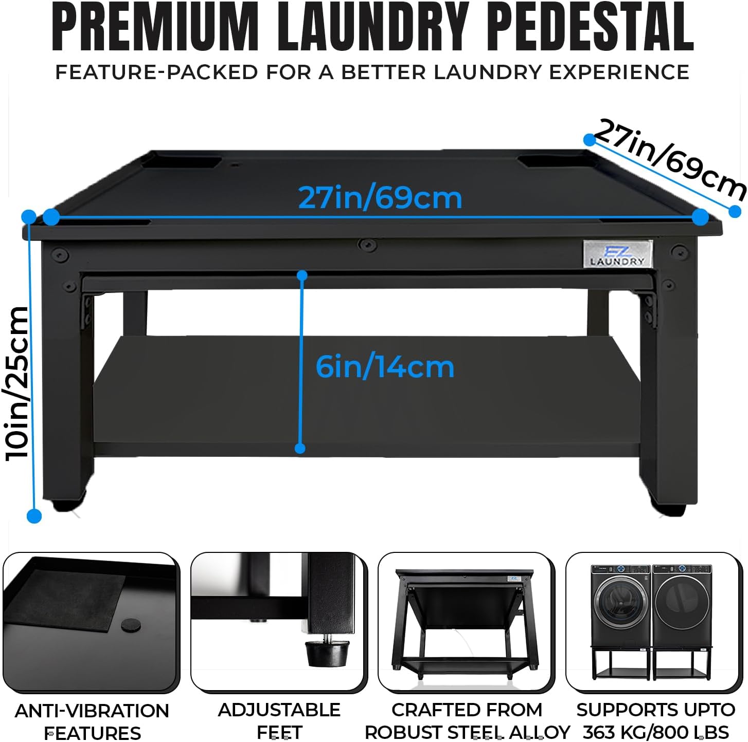 Washer and Dryer Pedestal with Pullout-Shelf - 27' W, 10' H, Black Steel Universal Fit with Major Brands | Laundry Pedestal with Drain Pan & Hose | Washer Stand for Back Pain Relief, 800 lbs Capacity