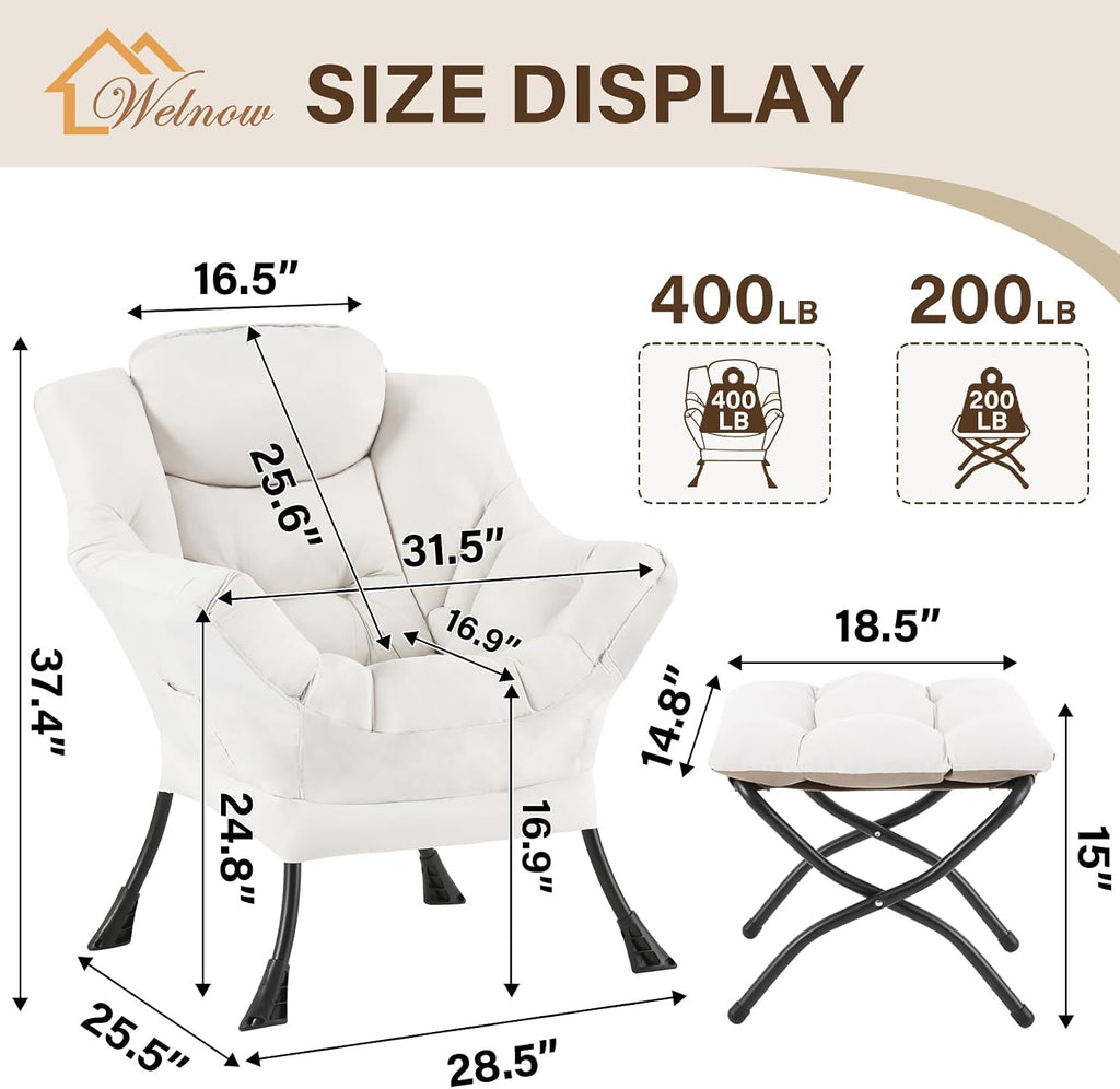 Welnow Lazy Chair with Ottoman, Modern Reading Accent Chair with Armrests and a Side Pocket, Leisure Upholstered Lazy Sofa Set with Footrest for Small Space, Beige