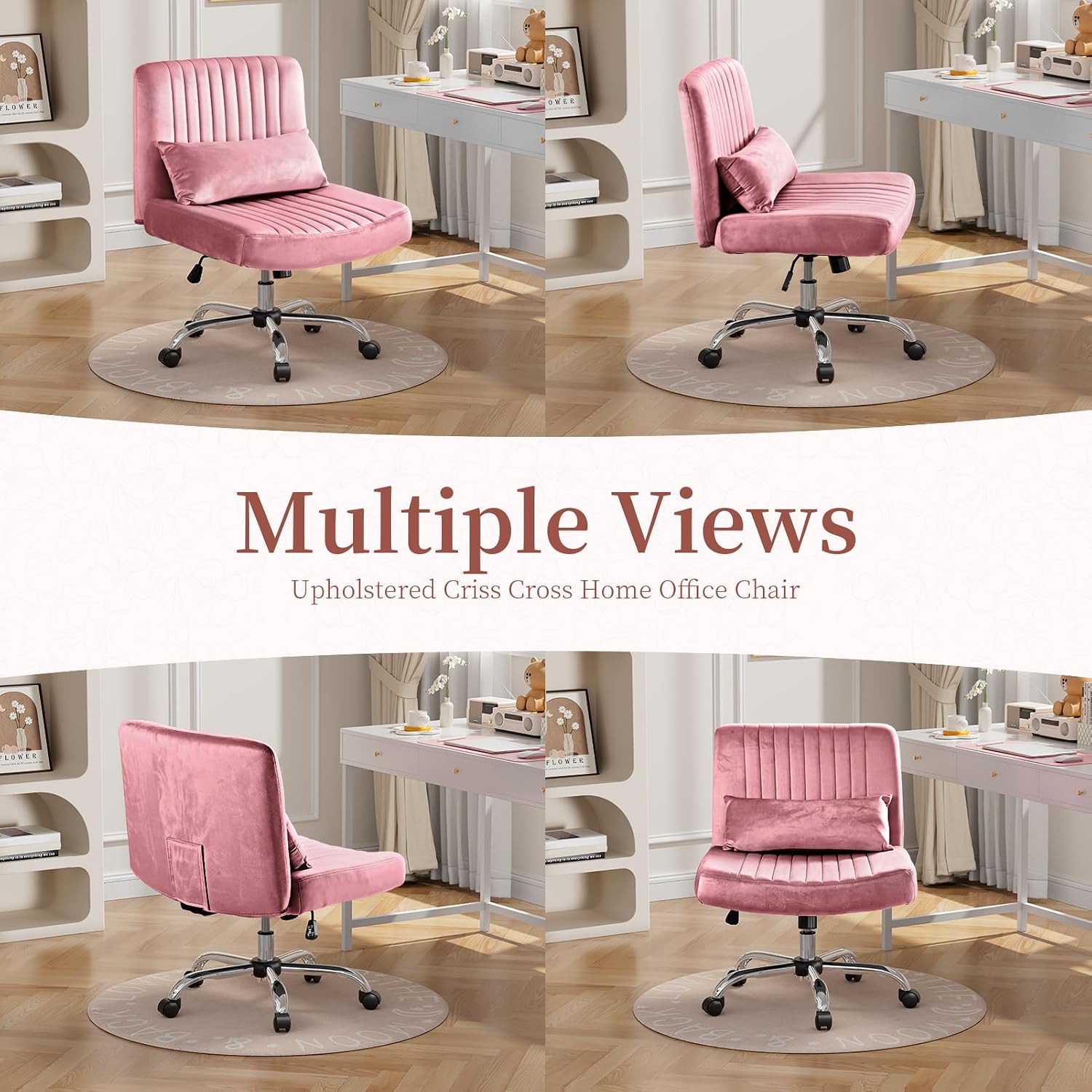 Warmiehomy Velvet Criss Cross Desk Chair with Wheels, Luxury Cross Legged Office Chairs for Home Office, Swivel Wide Seat Vanity Chair, Armless Adjustable Height Gaming Chair Gift, Dusty Rose