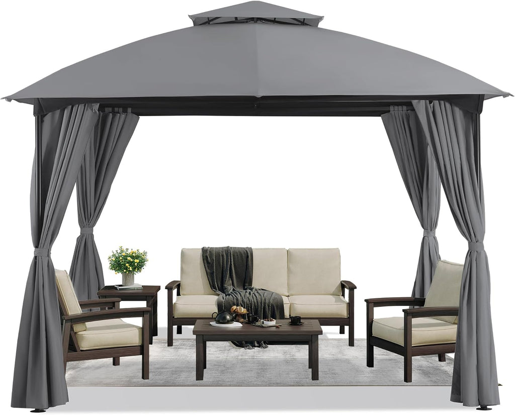 LAUSAINT HOME 10x10 Patio Arc Gazebo Outdoor Canopy Tent with Curtains, Soft Top Party Shelter with Expansion Bolts and Wind-Resistant Ropes for Backyard, Garden, Lawn, Deck, Grey