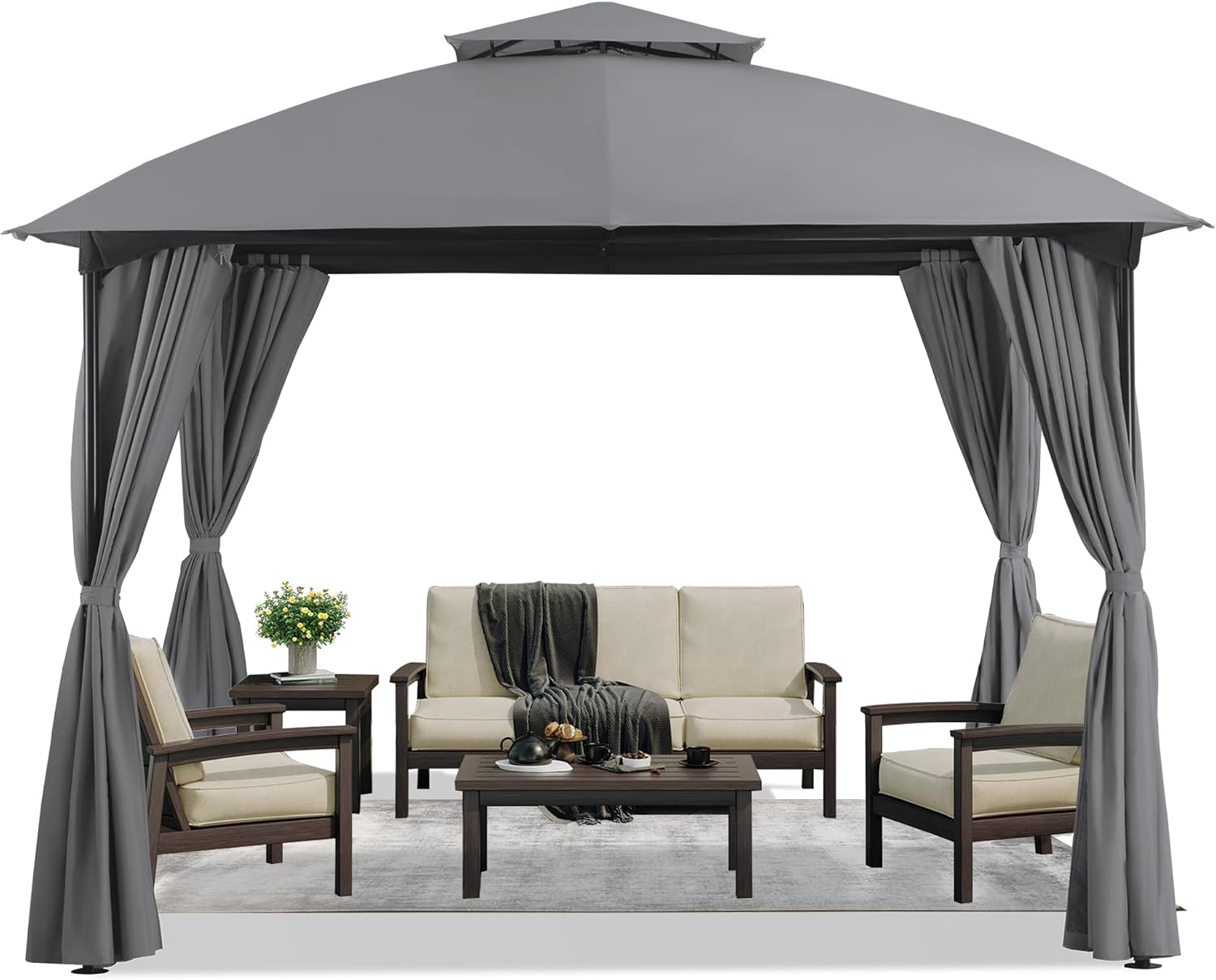 LAUSAINT HOME 10x10 Patio Arc Gazebo Outdoor Canopy Tent with Curtains, Soft Top Party Shelter with Expansion Bolts and Wind-Resistant Ropes for Backyard, Garden, Lawn, Deck, Grey