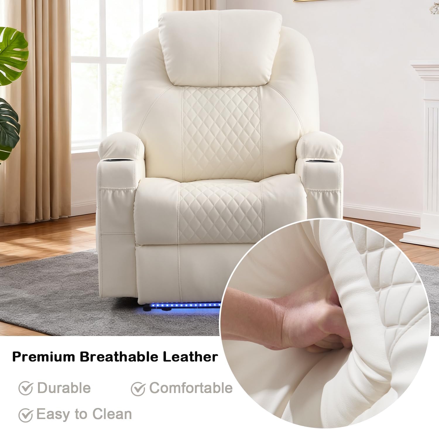 Power Recliner Chair with Heat and Massage for Adults - Home Theater Seating with LED Lights,Cup Holders,Side Pocket,USB Port - Recliner Sofa for Living Room (Beige, Single Recliner)