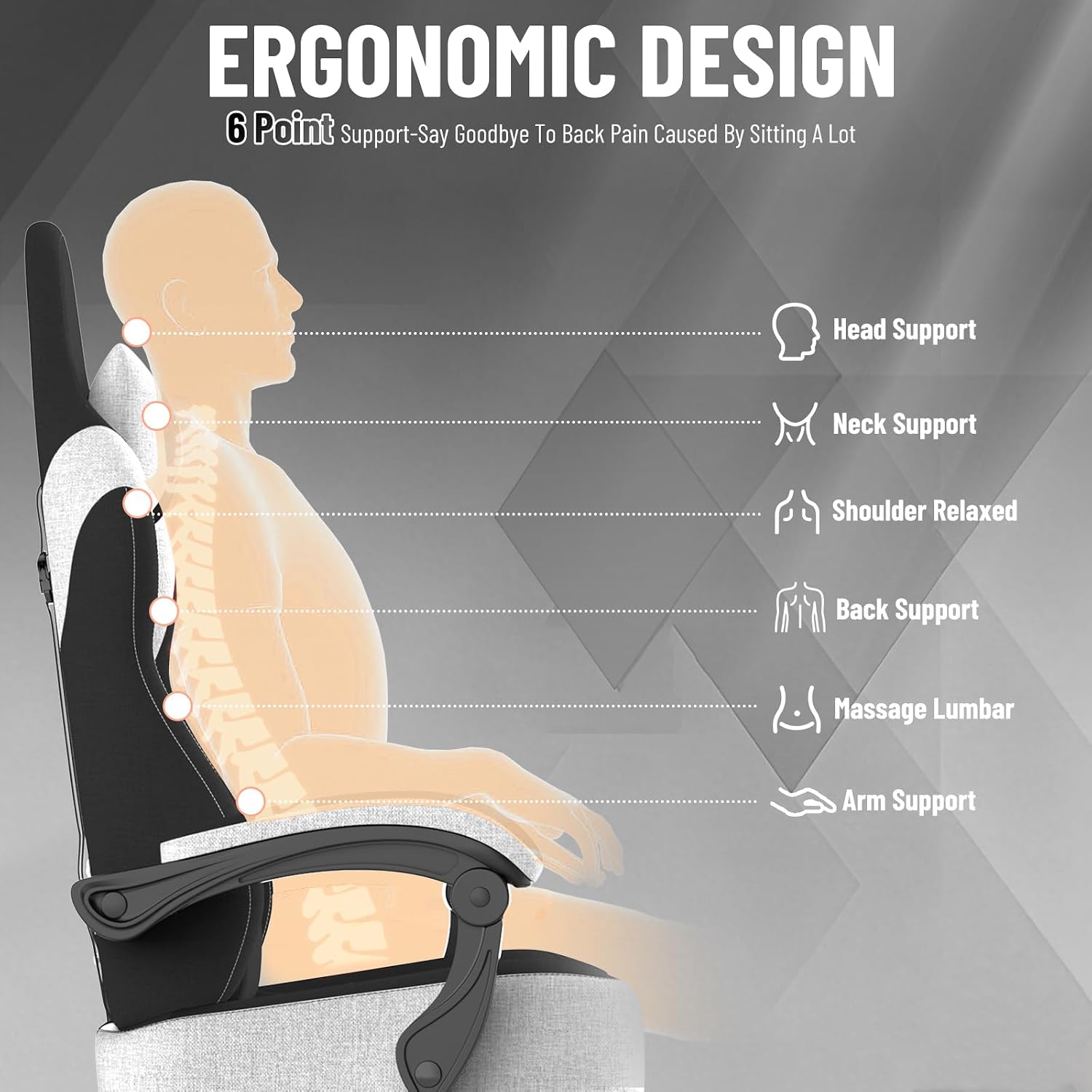 Soontrans Linen Fabric Ergonomic Black Gaming Chair with Massage Lumbar Pillow, Computer Chair with Wide Seat 20',Gamer Chair with Adjustable Headrest, Comfortable Office Chair for Home & Gaming
