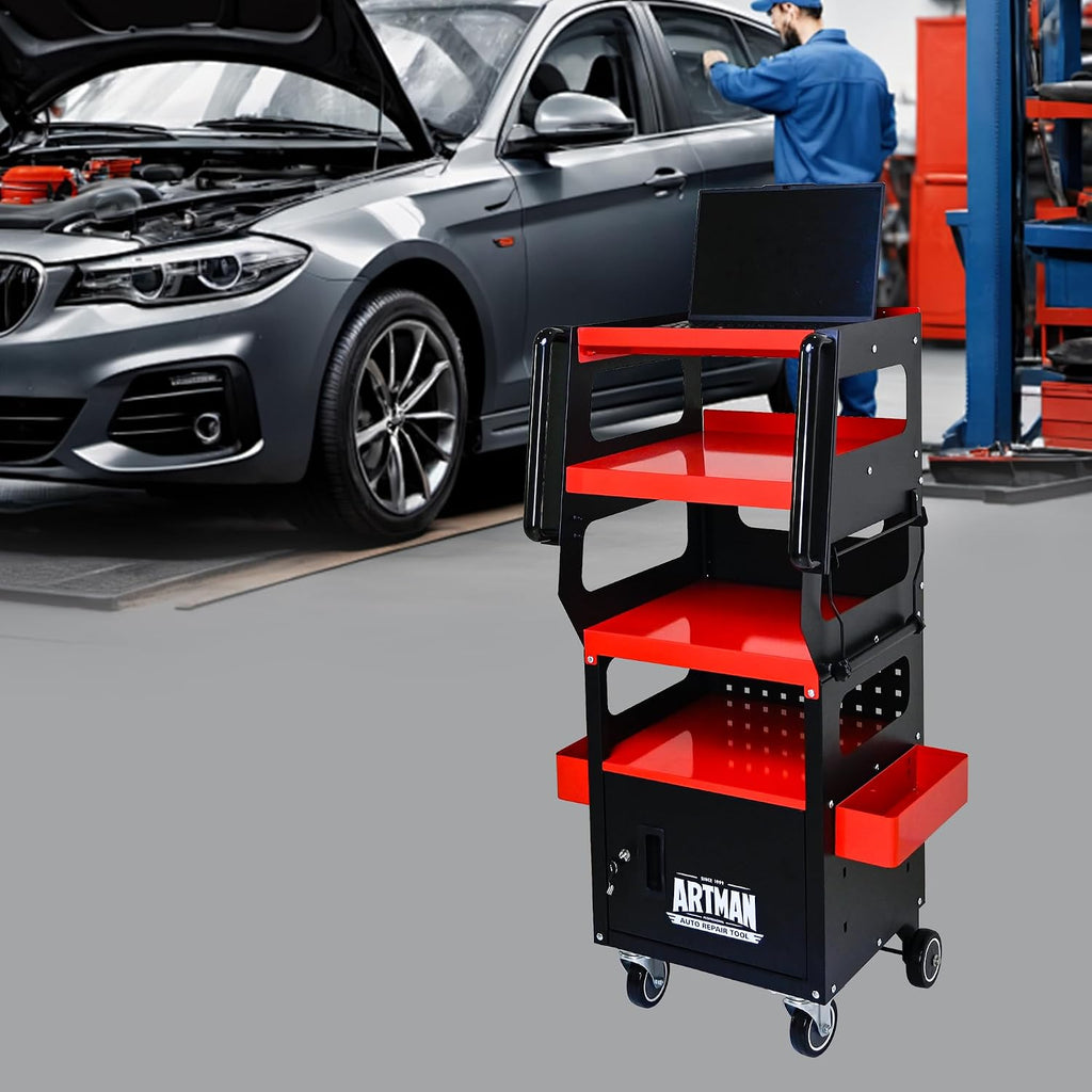 4-Tier 1-Cabinet Tool Cart on Wheels, Multifunctional Rolling Tool Chest Tool Storage with Key Lock and Handle, Rolling Tool Trolley Organizer Tool Case for Workshop, Diagnostics(Black+Red)
