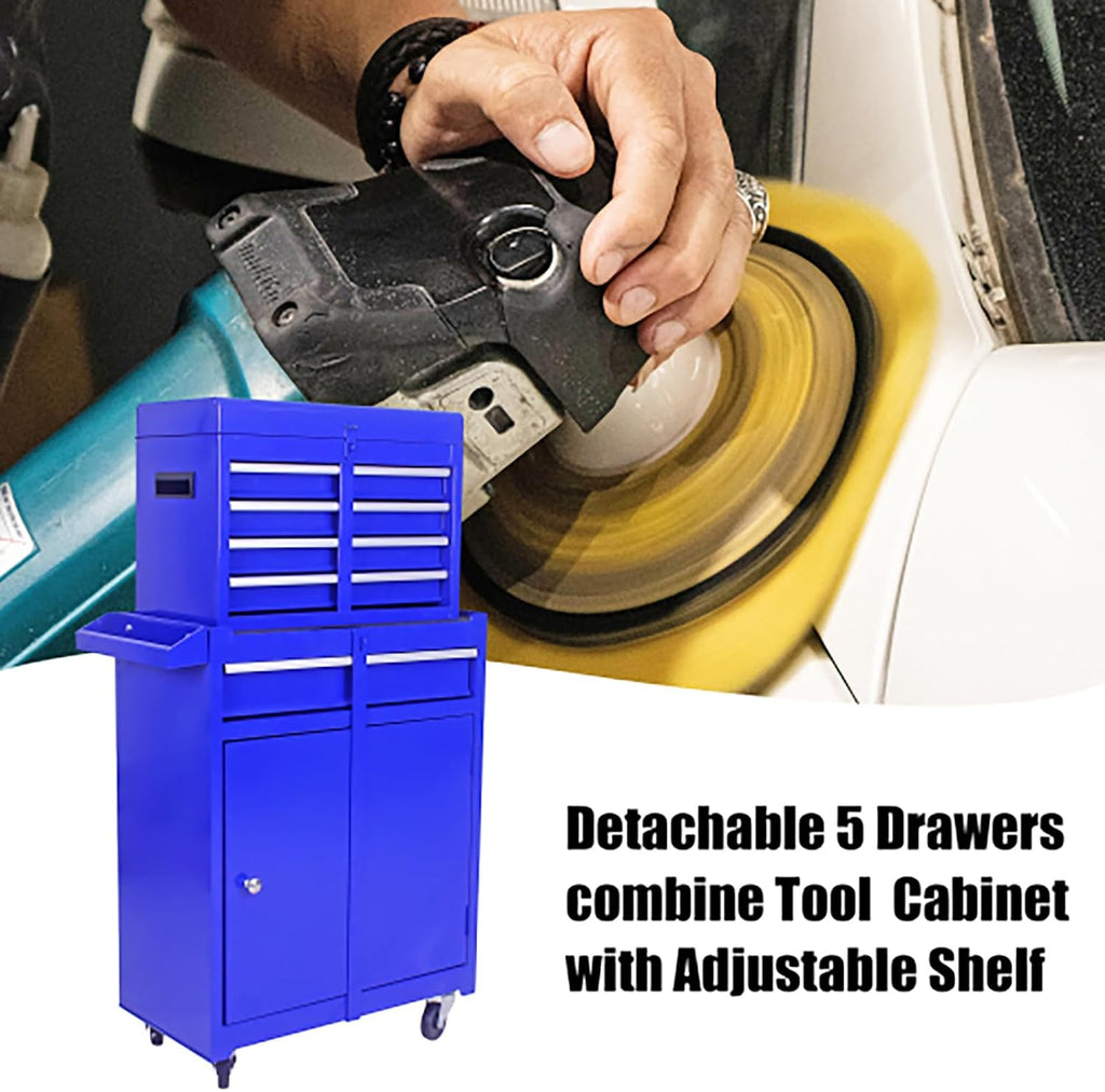 BouPower Rolling Tool Box with 5 Drawers, Utility Cart On Wheels, 230 Lbs Capacity Tool Chest with Detachable Top Tool Box, Convenient for Tool Organizers and Storage(Blue)